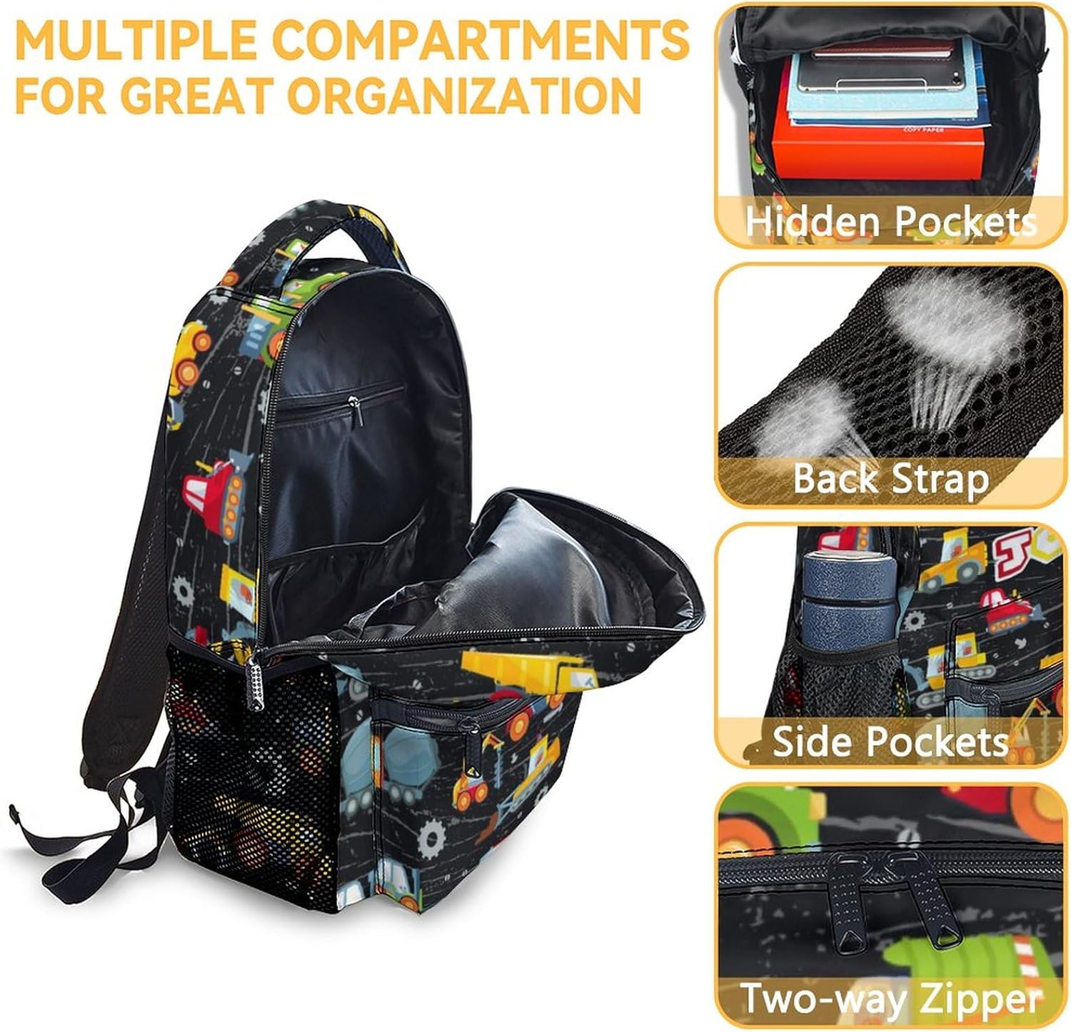 Custom Construction Backpack with Lunch Box, Personalized Set of 3 School Backpacks Matching Combo, Cute Lightweight Truck Excavator Bookbag and Pencil Case Bundle