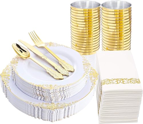 Nervure - 150 piezas de platos de plástico negro transparente con borde dorado y cubiertos de plástico dorado, desechables, para boda, fiesta,