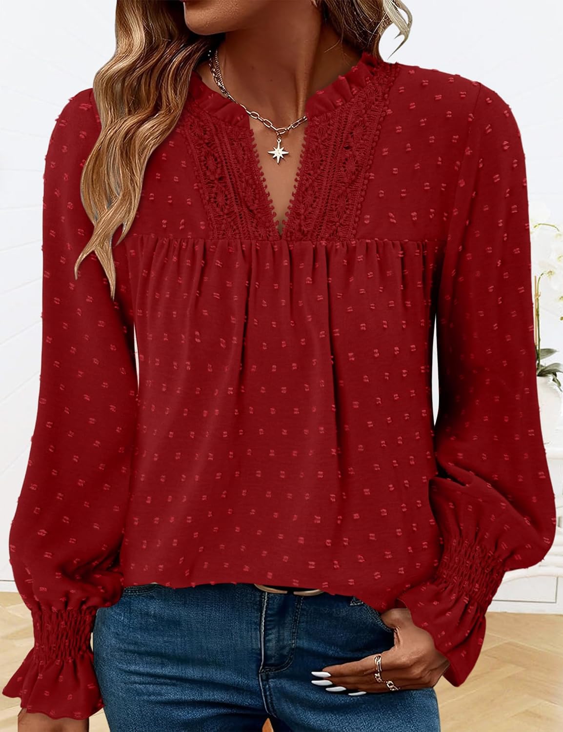 BETTE BOUTIK Women Boho Long Sleeve Shirts Dressy Casual V Neck Fall Fashion Tops Swiss Dot Flowy Blouses - Image 4