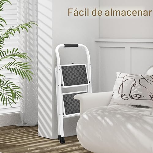 Miniatura 5 de HBTower Escalera de 2 escalones, Taburete de 2 escalones para adultos. Taburete plegable con mango acolchado con escalón ancho antideslizante,
