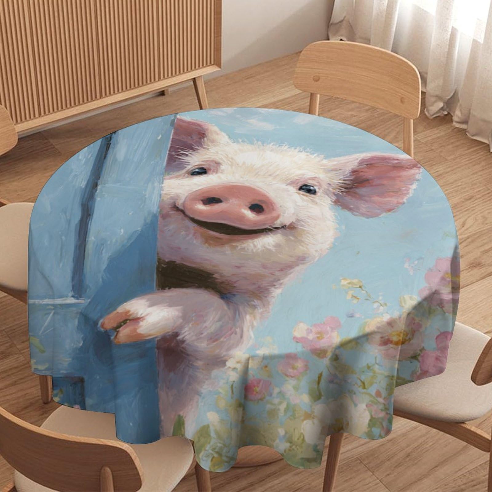LUYYSKY Beautiful Abstract Cute Pig Round Tablecloth Realistic Oil Painting Spring Barn Door Animals Pig Plants Flowers Washable Decor for Table Cover for Kitchen-91.4" Wx91.4 L cm