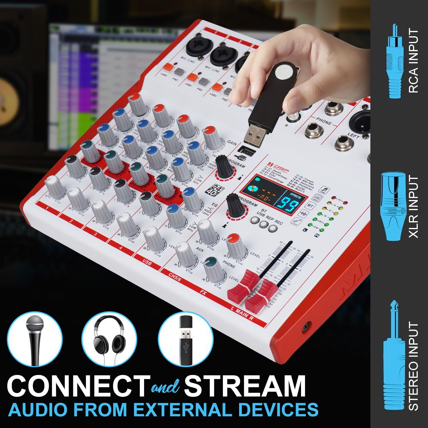 MW-6 White 6 Channel Professional DJ Audio Mixer, Portable Controller Mixer with DSP 99 Preset Effects for Live Streaming, Podcasting, Family Party, Music Recording