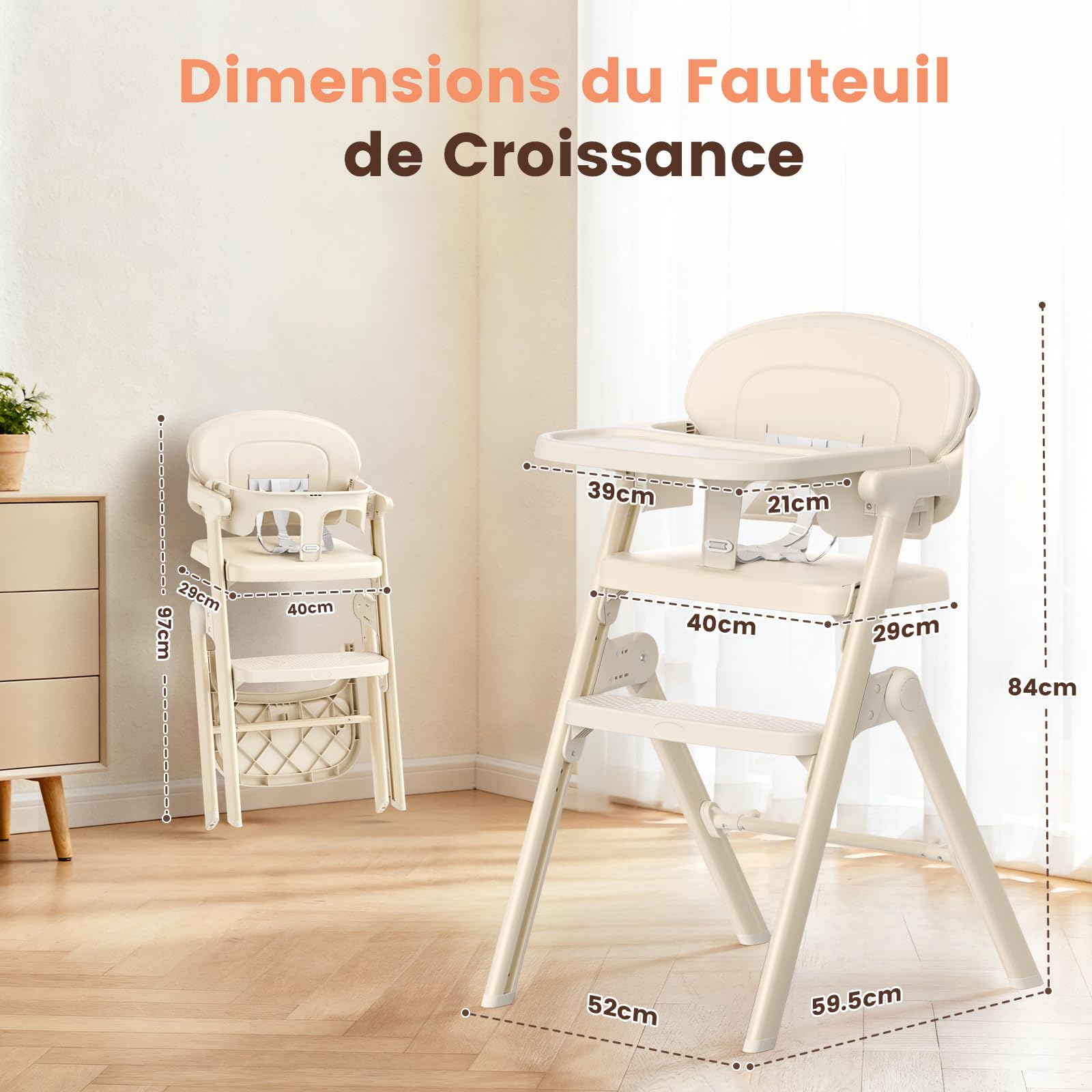 Chaise Haute Bébé Évolutive - de 6 Mois Jusqu'à 90 kg -Chaises Hautes Pliée avec Assise/Repose Pieds Réglables, Amovible Plateau et Coussin/Harnais 5 Points-Conforme à L'ergonomie (Beige)