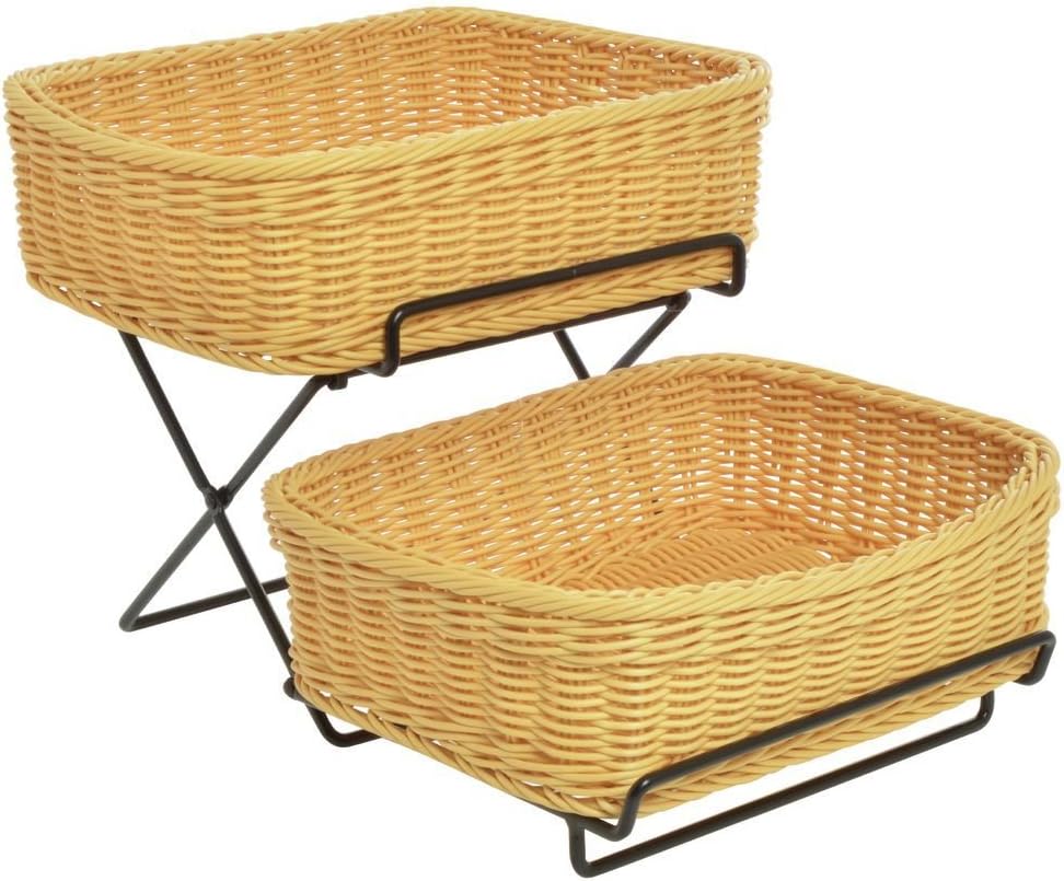 HUBERT Black Wire 2-Tier Stand With 2 Light Beige Synthetic Wicker Baskets - 13"L x 18"W x 11 1/4"H