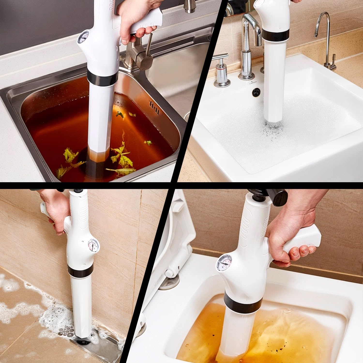 Pompa Stura Scarichi con 4 Ventosas, Sturalavandini a Pressione con Barometro, Pompa Stura Scarichi a Pressione Stantuffo, Pompa Sturalavandino ad Aria Compressa, per Bagni Bagni