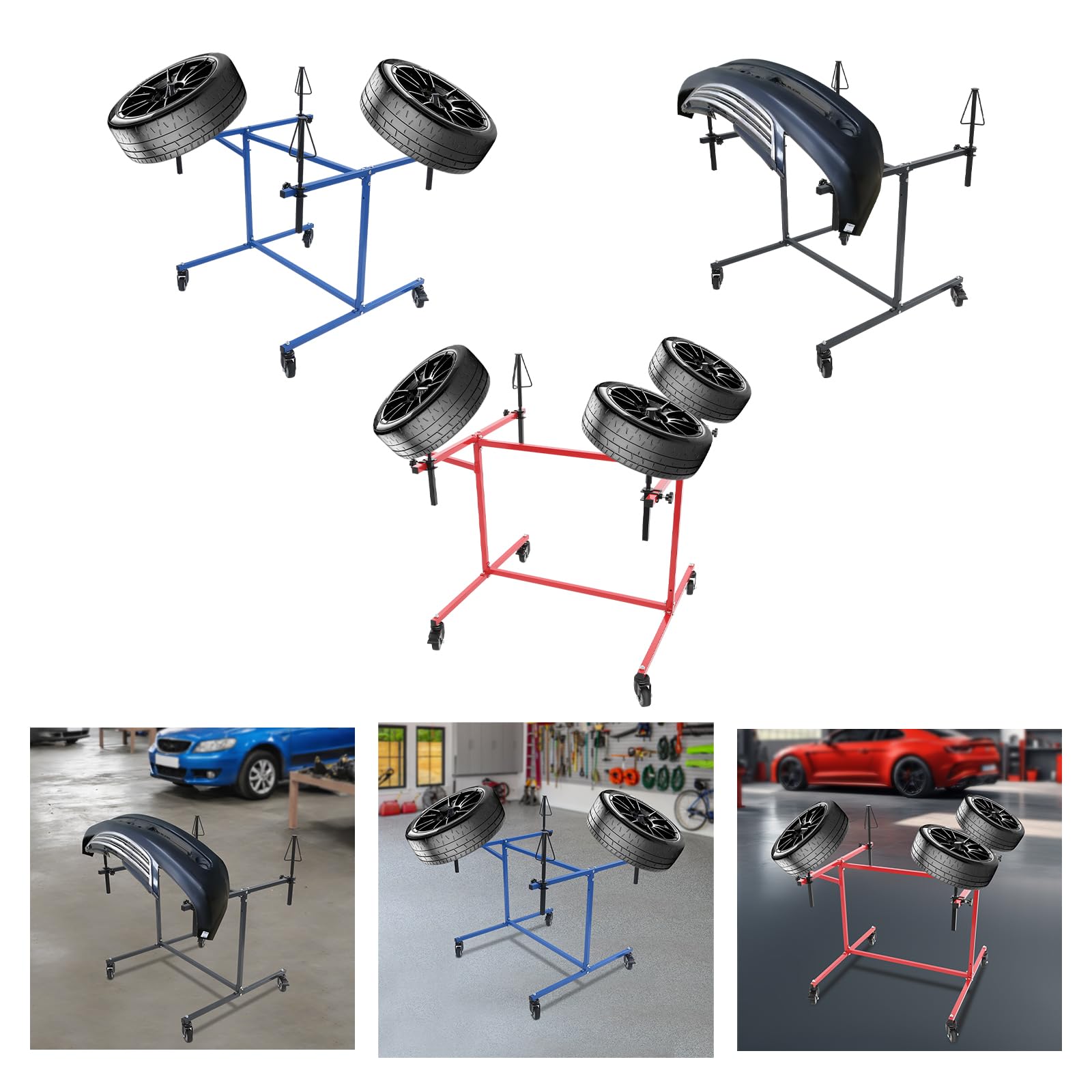 Soporte de pintura profesional para llantas con soportes giratorios 360° y 4 ruedas universales, soporte para 4 llantas (azul)