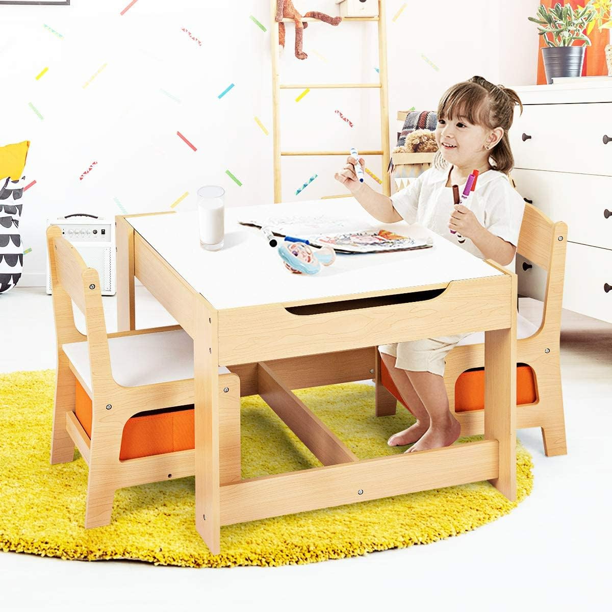RELAX4LIFE Tavolino Bambini con Sedie, Tavolino Legno 3 in 1, Tavolo per Bambini con Piano Reversibile (Lavagna/Bianco) e 2 Sedie con Cassetti (62 x 62 x 48,5 cm, Naturale)