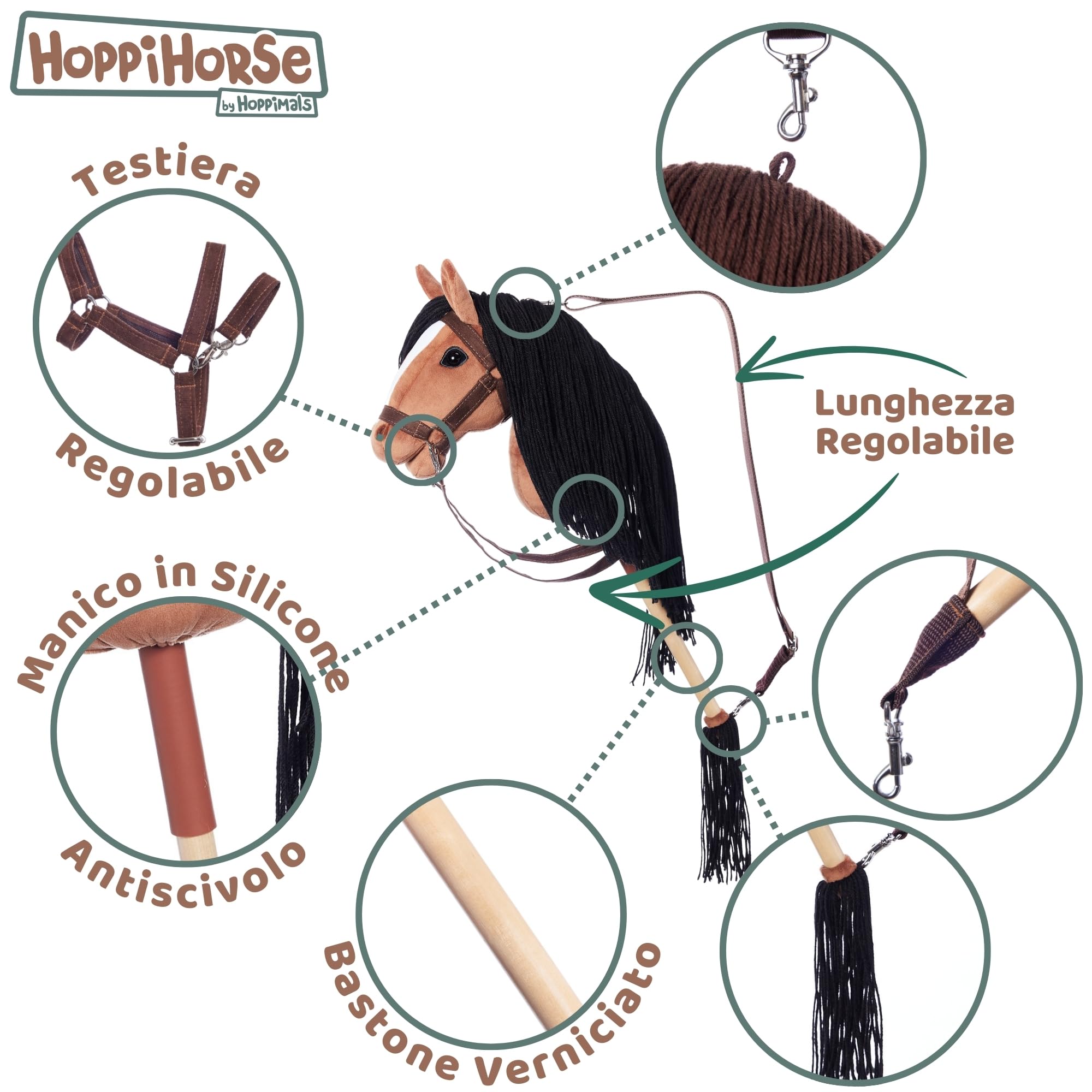 HOPPIHORSE-Edizione Sportiva Hobby Horse A4, Cavallo con bastone con cavezza, redini, tracolla, coda e impugnatura in silicone, Hobby horse cavallo di alta qualità in peluche in una confezione regalo