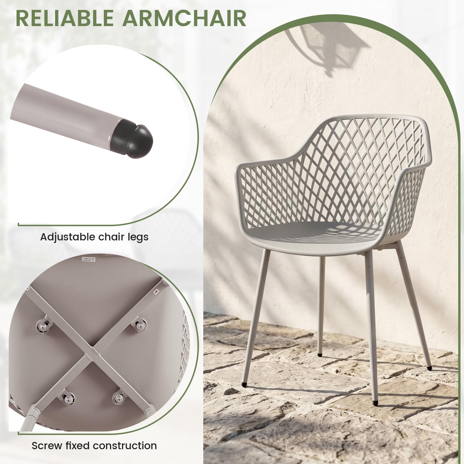buybyroom Sillas Terraza Exterior, Pack de 4 Sillas Jardin Exterior con Reposabrazos, Patas de Metal y Respaldo de Plástico Ergonómico, para Jardín, Terraza, Balcón, Salón,Comedor,Caqui Claro