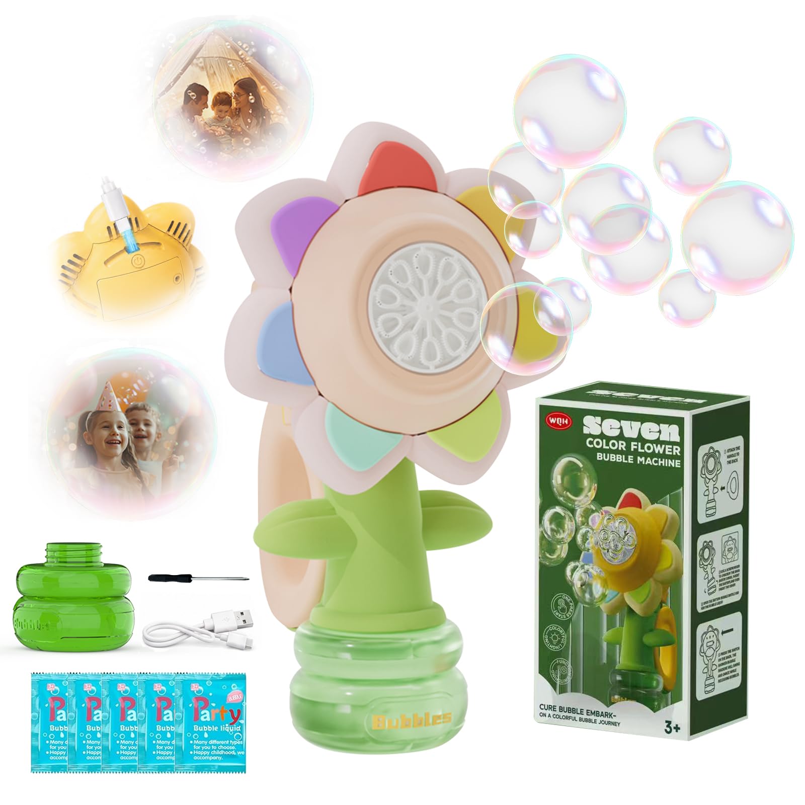 WABALLO Bubble Machine for Kids, Automatic Sunflower Bubble Maker for Toddlers, Portable Battery Operated Bubble Toys for Indoor Outdoor Birthday Party Type-C -Pink