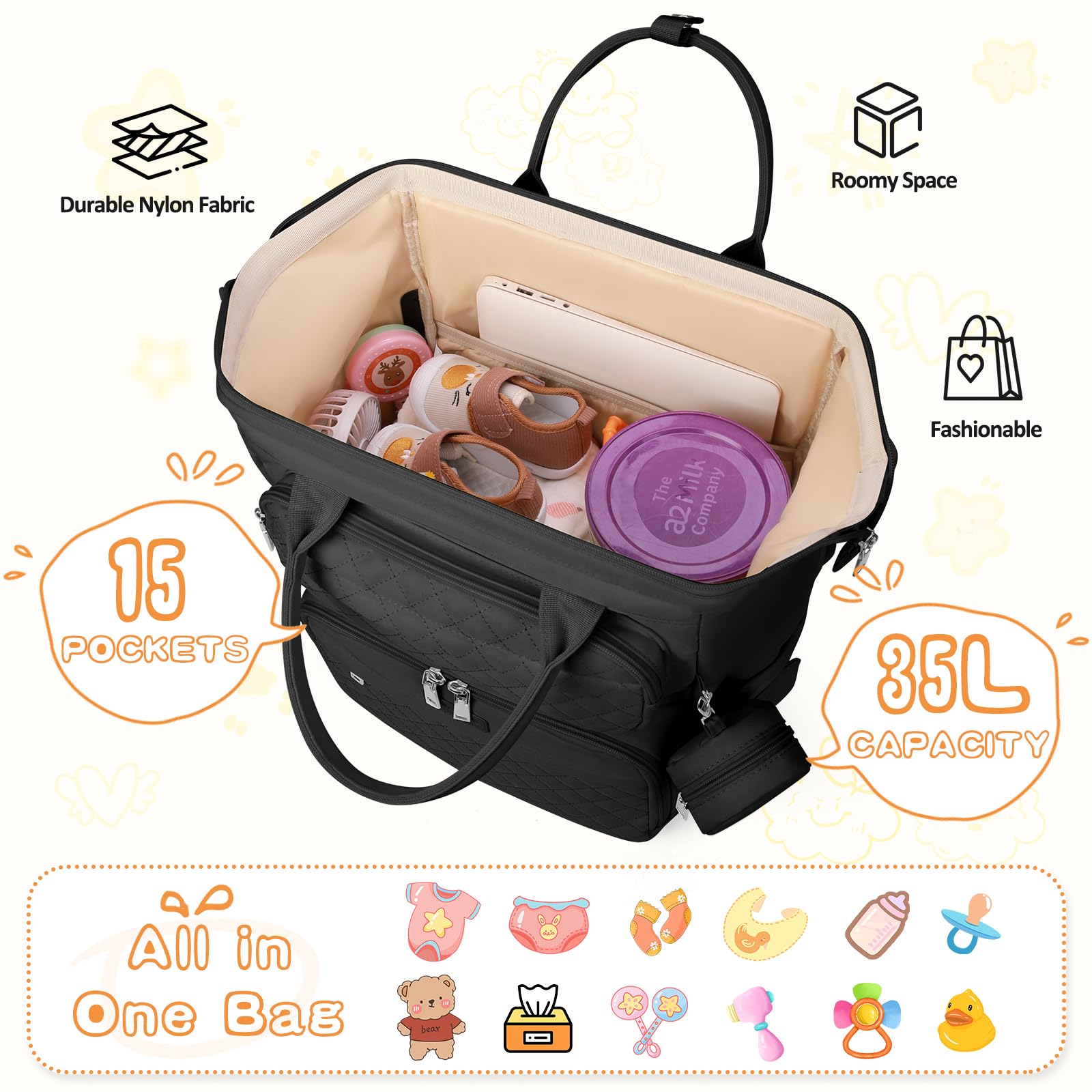 RAINSMORE Zaino Mamma Fasciatoio Multifunzione Borsa Neonato Portatile Cinturini Passeggino Nero