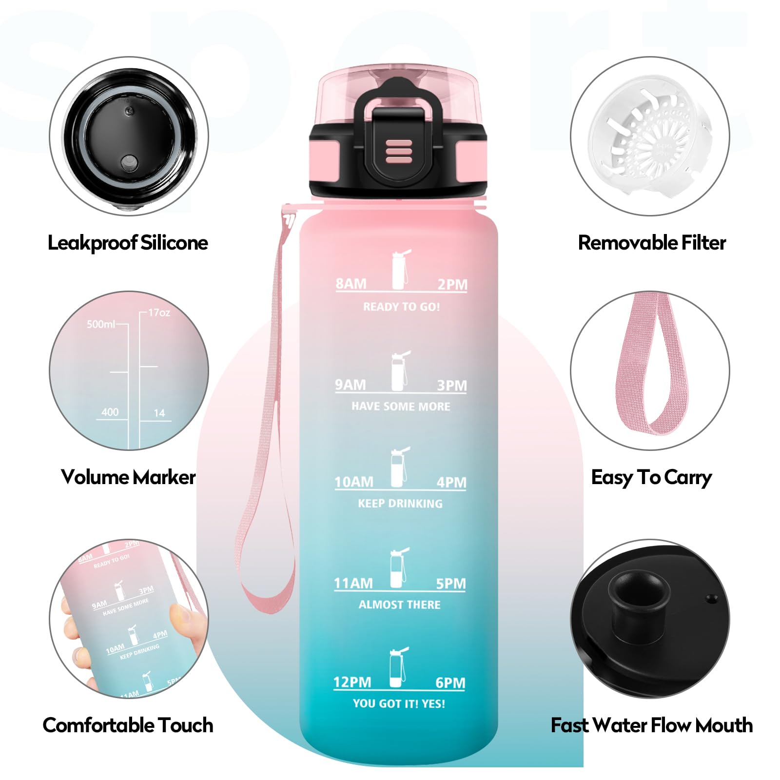 KollyKolla Borraccia 500ml, Borraccia Bambini con Filtro, Bottiglia Acqua Motivazionale con Scala Temporale, Facile Pulizia, Bottiglia Scuola per Ufficio, Bambini, Campeggio, Viaggio, Corsa, Ciclismo