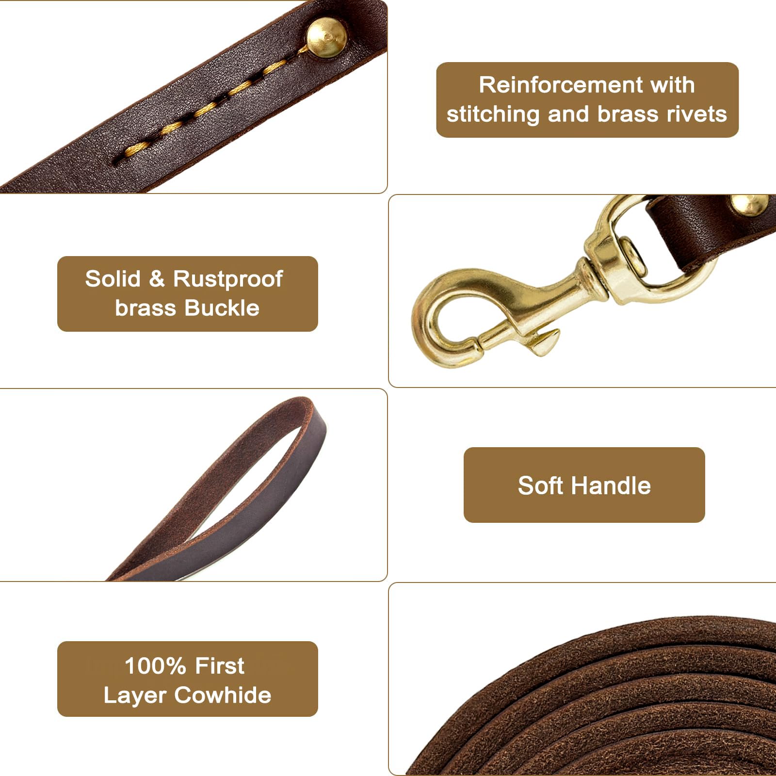 Guiding Star Correa de cuero para perro de 6 pies x 3/4 pulgadas, correas de cuero marrón para perros con gancho de cobre inoxidable, correa de cuero resistente para perros, correas de cuero suaves