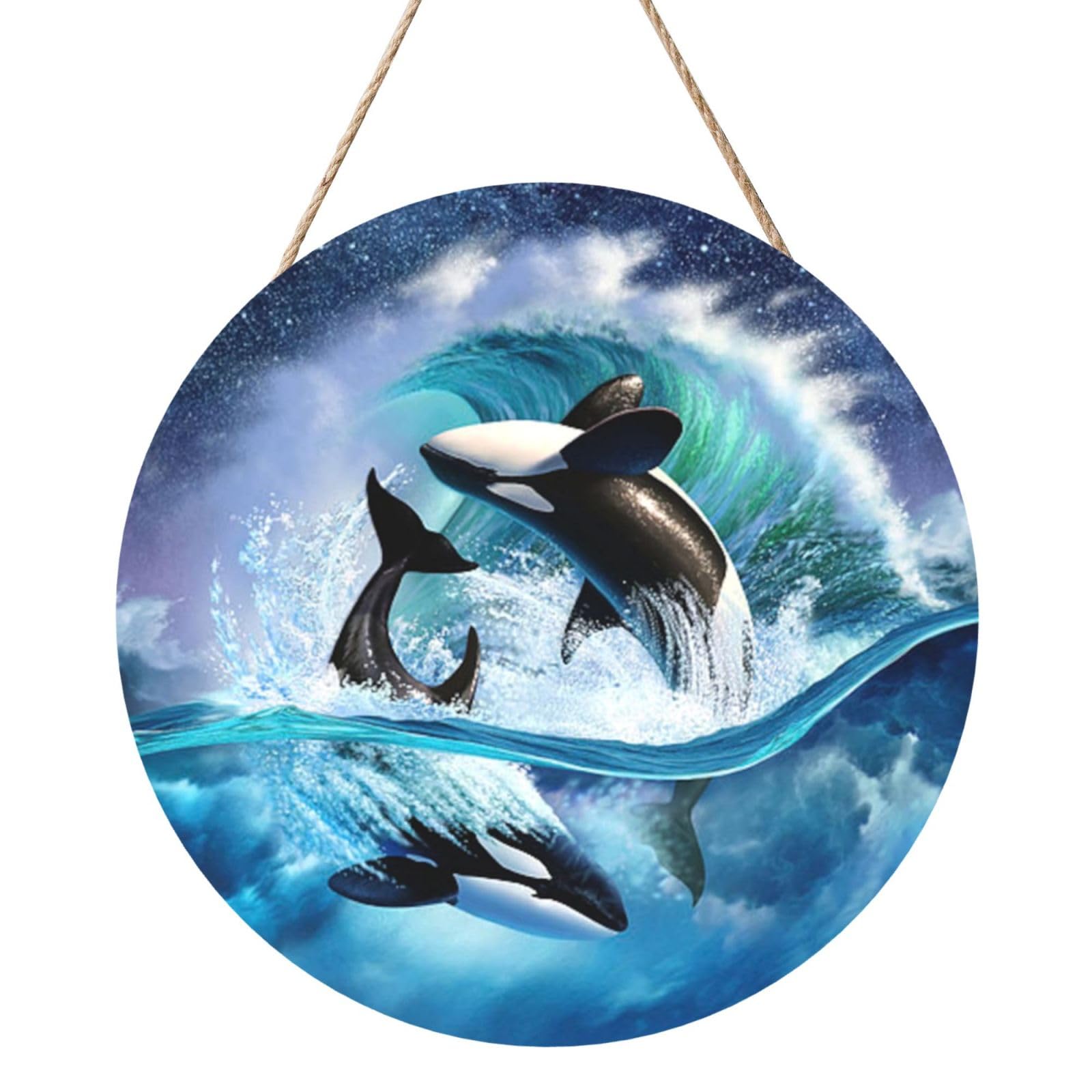 InOmak Orca Killer Whales Wave, Round Wood Panel Painting 12 in, Wall Hanging Painting For Home