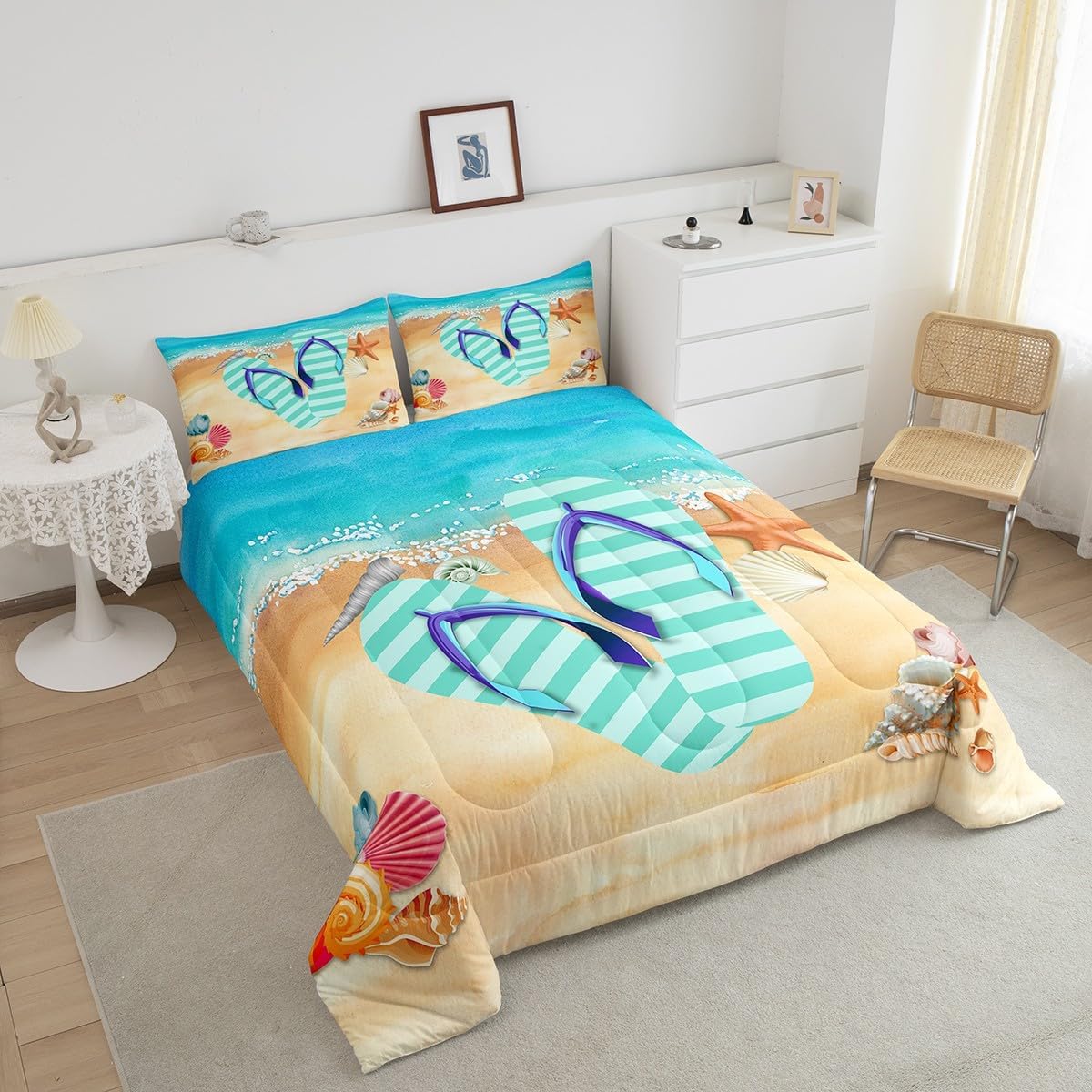 Homewish Stripes Flip Flop King Size Comforter Set,Kids Starfish Shell Decor All Season Bedding Set,Teens Summer Cool Comforter,Girls Ocean Beach Decor Quilt Set Bedroom Collection 3Pcs
