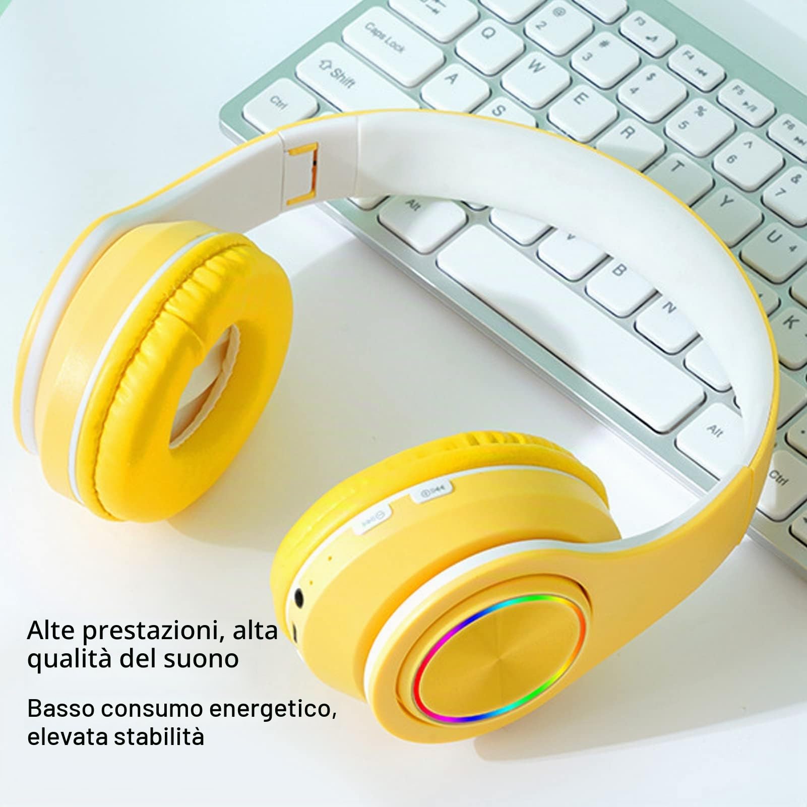 Cuffie con Cancellazione Attiva del Rumore, Cuffie Auricolari Wireless Bluetooth 5.0 Pieghevoli, Cuffie con Luce Colorata RGB, Cuffie Auricolari in Pelle PU, per Ragazzi, Ragazze(Giallo)