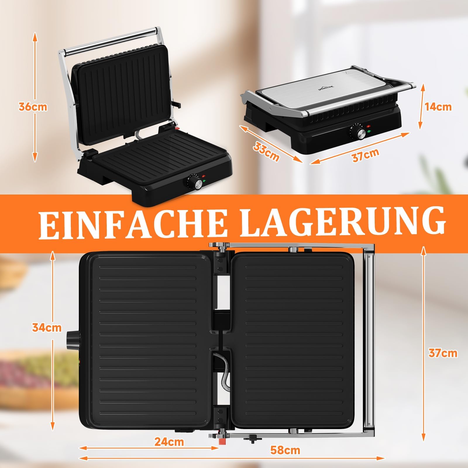 HOMELUX Griglia a contatto 2200 W, sandwich per panini, carne, con piastre antiaderenti 34 x 23 cm, raschietto per pulizia, apertura a 180°, temperatura regolabile, vassoio raccoglitore