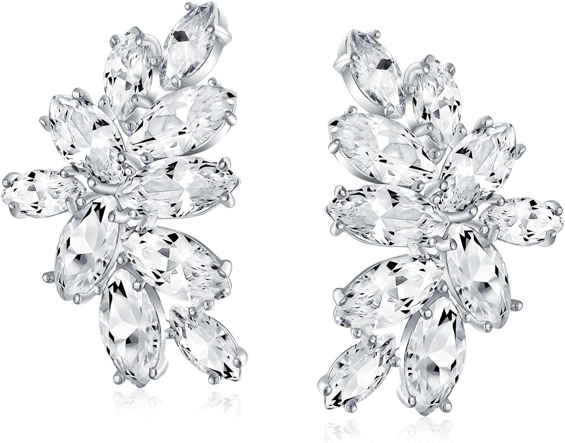 Elegant Classic Bridal Marquise Teardrop Ear Crawler Clusters Cubic Zirconia AAA CZ Leaf Clip On Earrings For Women Wedding Prom Formal Party Silver Plated - Image 2