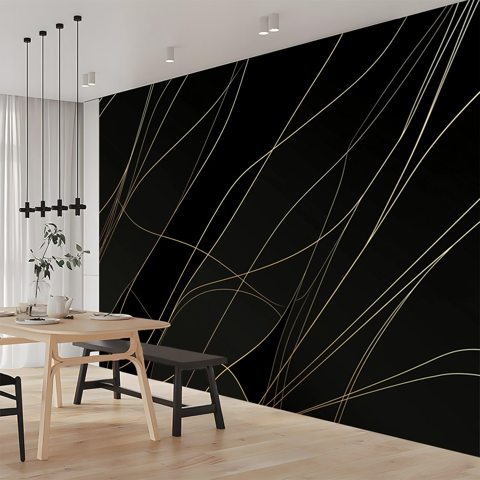Fototapeta 350 x 256 cm, złote linie, geometryczny efekt 3D, wysokiej jakości XXL, nowoczesna dekoracja ścienna, tapeta, czarna tapeta z włókniny, do salonu, sypialni, biura