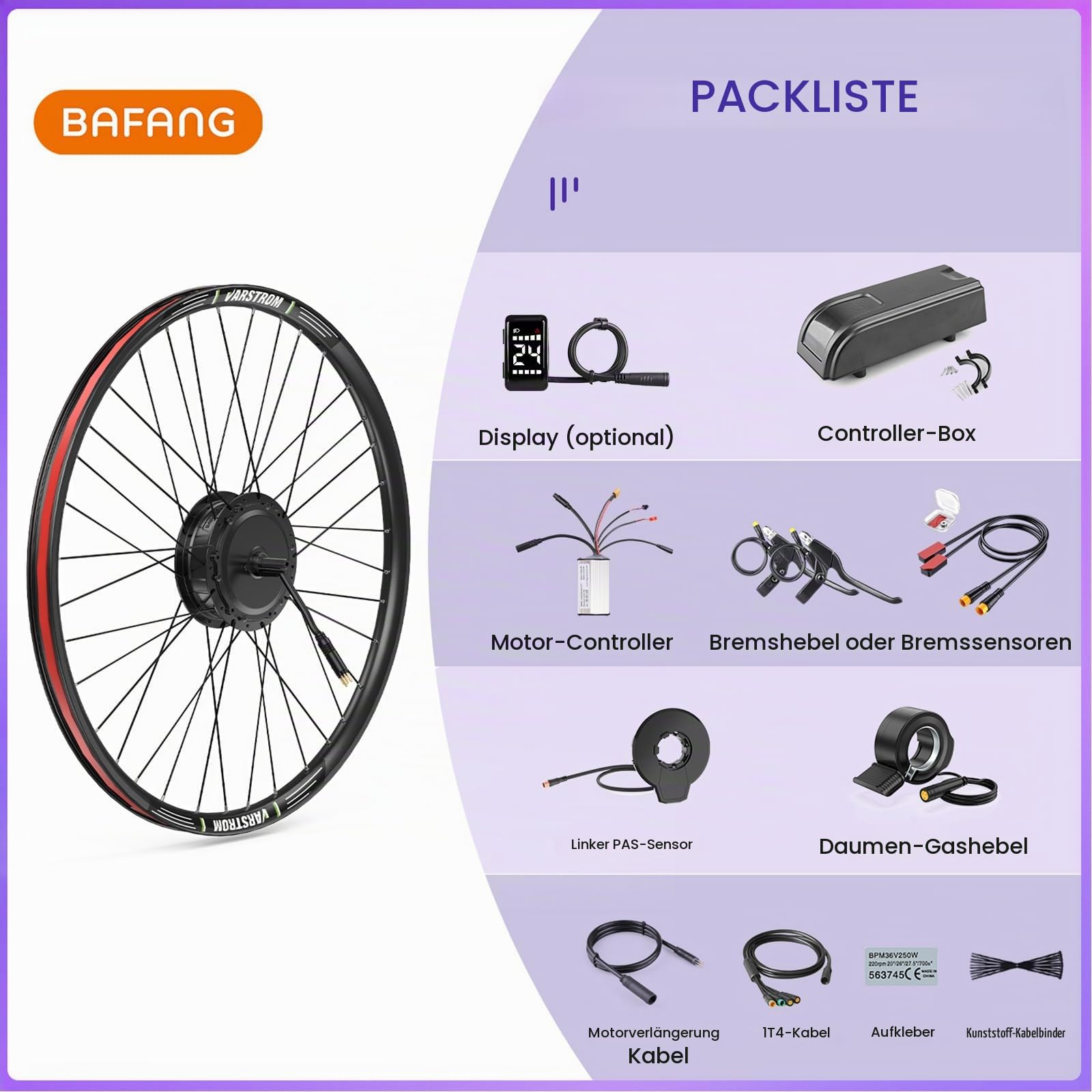 BAFANG 48V G020 E-Bike Umbausatz mit akku Opt 26" 29" Vorderrad Nabenmotor