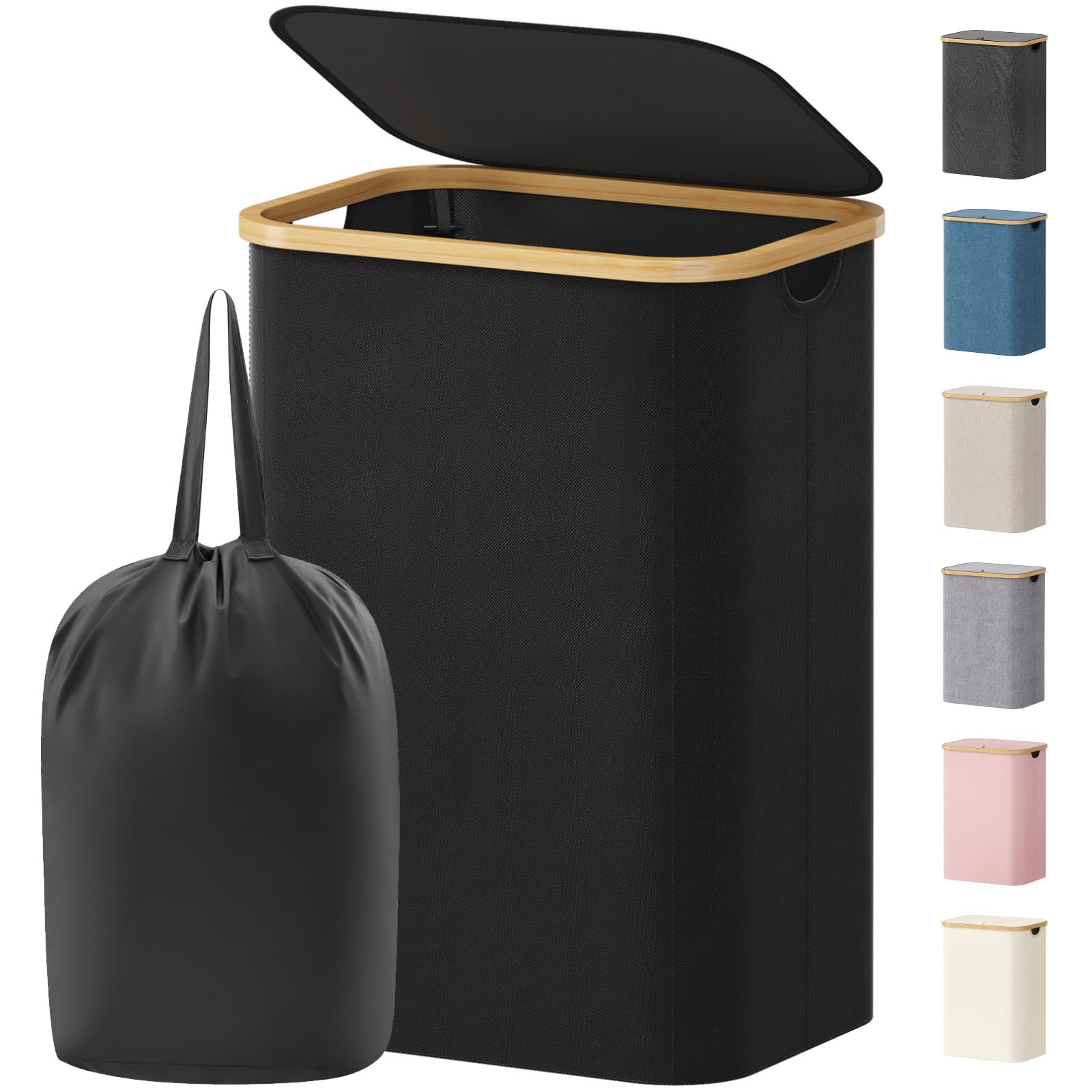 Lifewit 80L Laundry Basket with Lid, Dirty Clothes Bin with Bamboo Handles and A Removable Bag, Large Foldable Washing Basket for Bedroom, Bathroom, Dorm, Laundry Room, Black