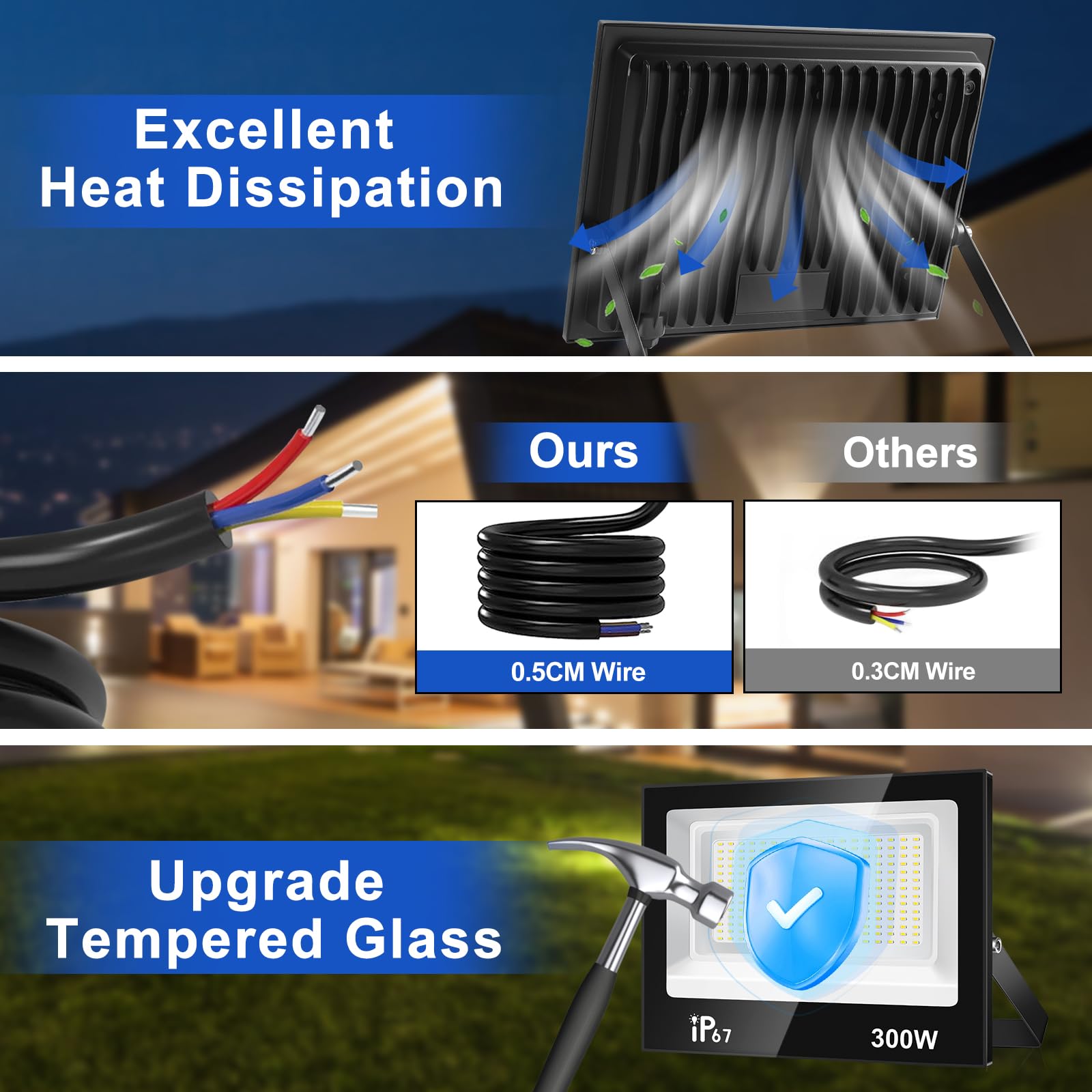 300W Led Strahler Außen,30000LM LED Scheinwerfer,7000K Kaltweiß LED Strahler,IP67 Wasserdichte Superhell LED Fluter Flutlicht,Aussenstrahler für Garten,Garage,Hof
