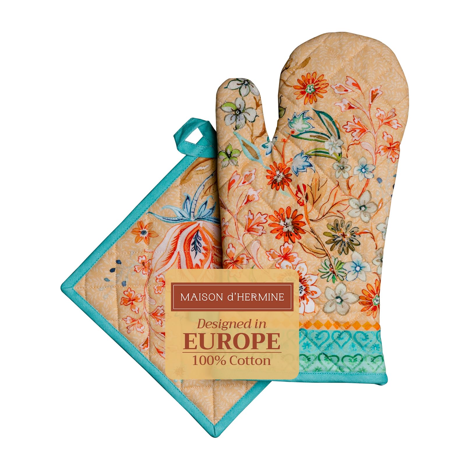 Maison d' Hermine 100% Cotton Oven Mitt & Pot Holder Set (19 x 33 cm & 20 x 20cm) Heat Resistant BBQ Cooking Gloves with Loop, Baking, Grilling, Handling Hot Pans Spring/Summer (Luxury Loft - Peach)
