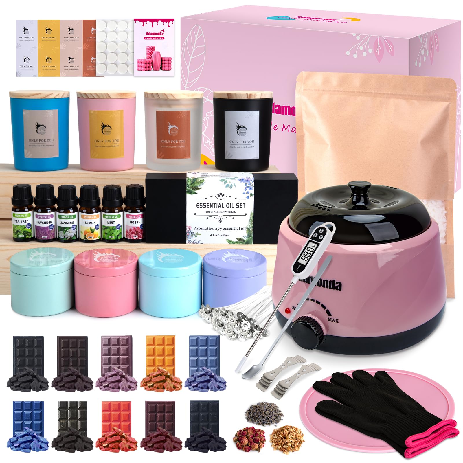 Kit completo para hacer velas de soja premium con suministros, cera de soja, flores secas, frascos de colores, latas, tintes, aromas agradables y más. Kit para hacer velas aromáticas de inicio para adultos y principiantes con derretidor de cera.