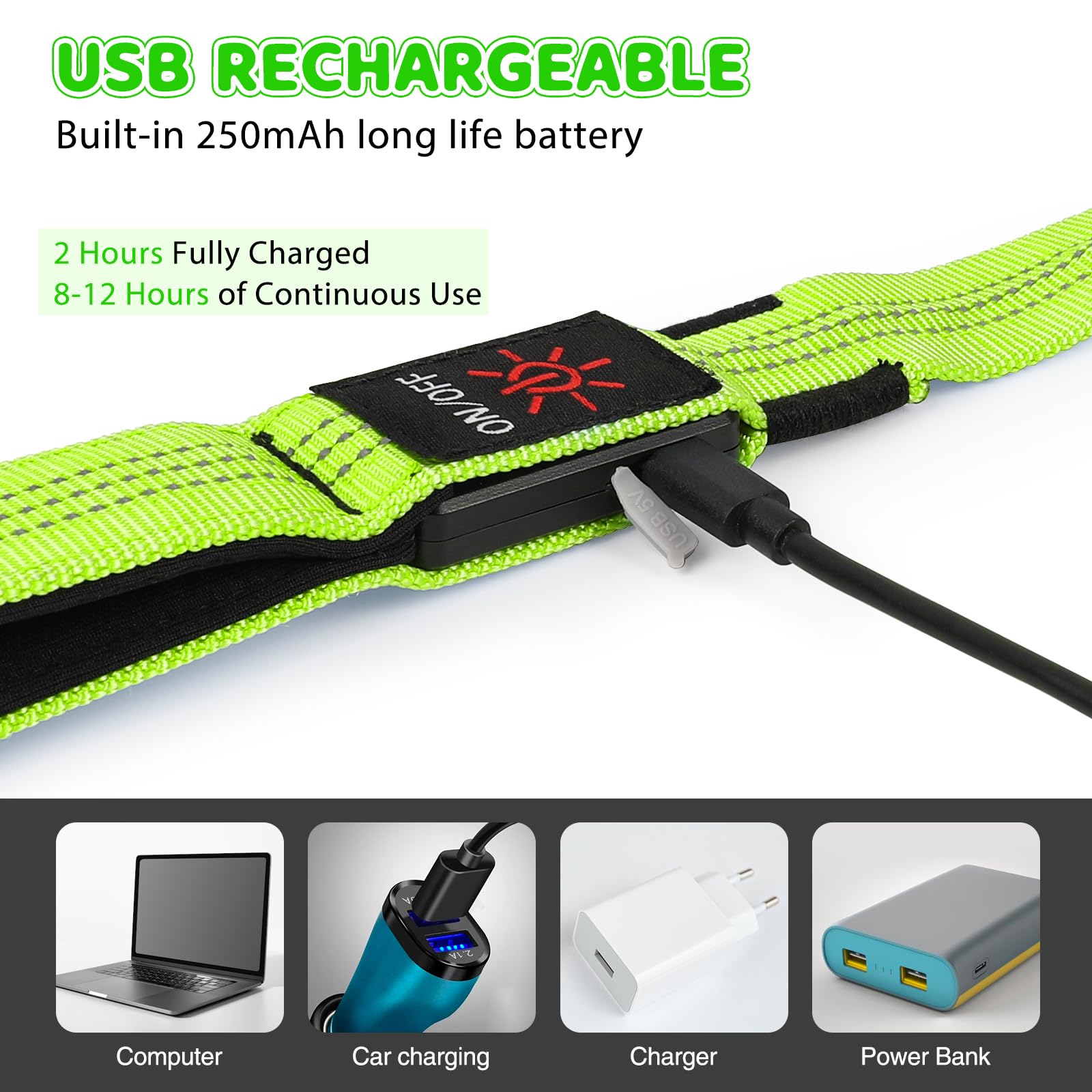 HIGO Guinzaglio per cani a LED, ricaricabile tramite USB, per cani, riflettente e luminoso, per passeggiate notturne con il cane (verde, 120 cm)