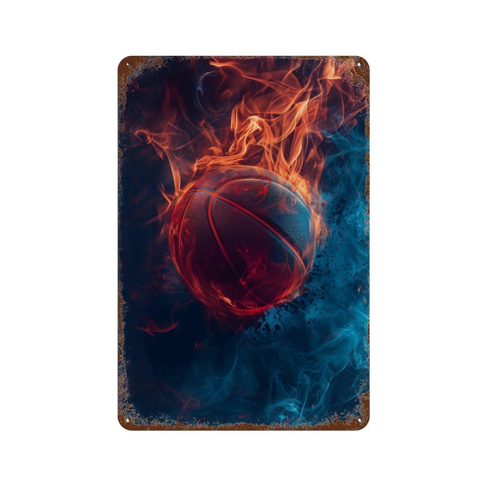 Weathered Tin Sign Flaming Basketball Wallpaper -1 11.8"x7.9", Rustic Home Decor for Basement, Hobby Room And Garage Decor