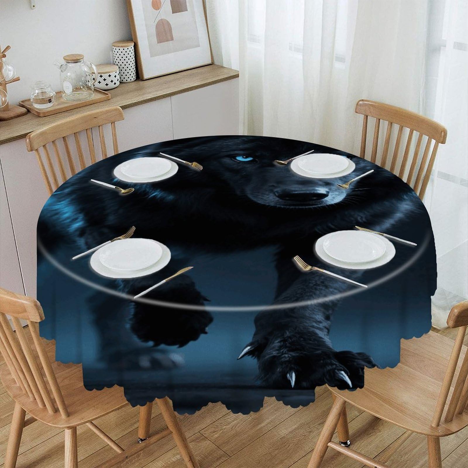 VstaDank Cool Cyan Black Wolf Round Tablecloth Wipeable Round Polyester Tablecloth Waterproof Wrinkle Free Indoor and Outdoor Table Cover 60 Inch Decorative Farmhouse Table Cloth for Dining