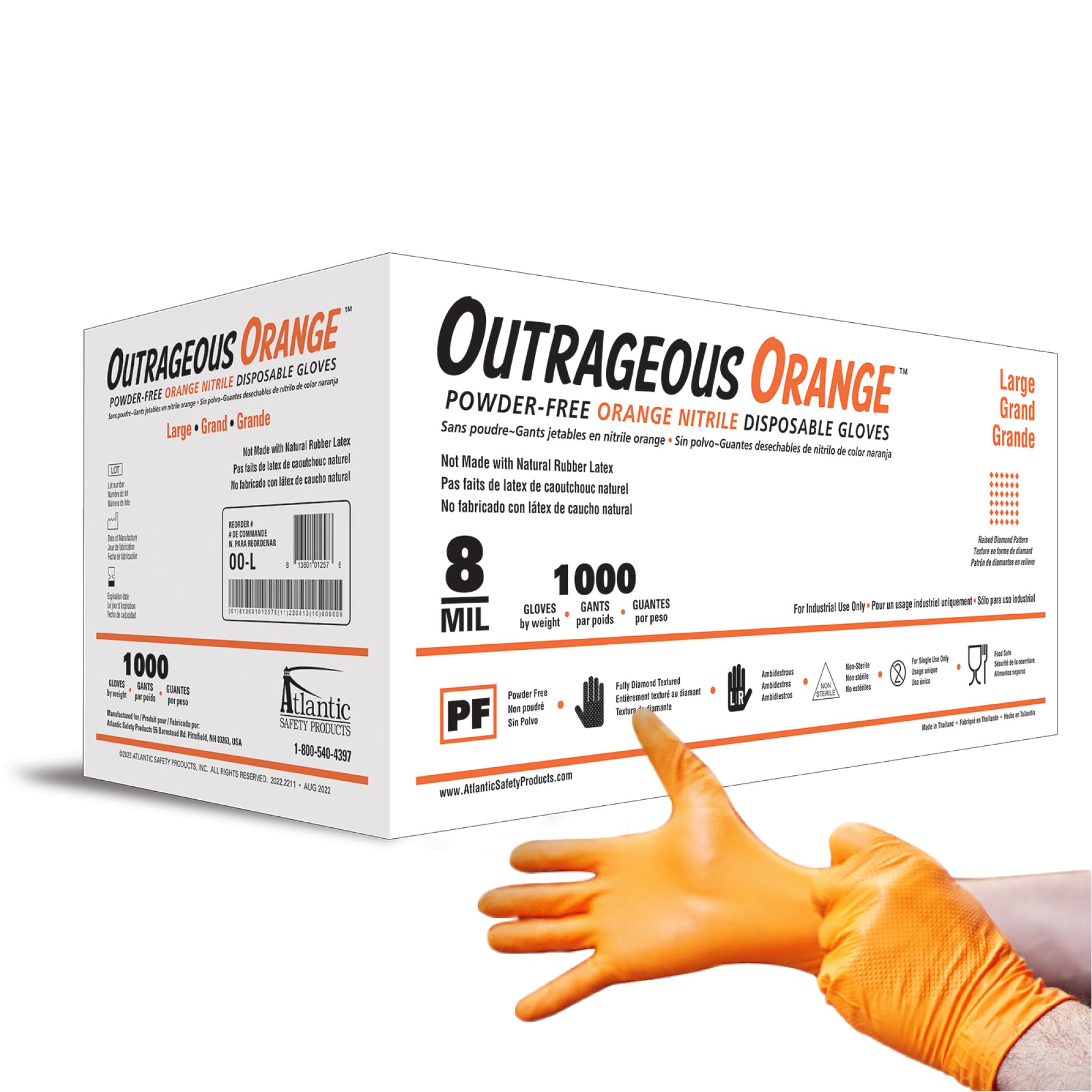 Atlantic Safety Products Outrageous Orange Heavy-Duty Disposable Nitrile Gloves, 8-mil, Latex and Powder Free, Orange, Large, 1000-Ct