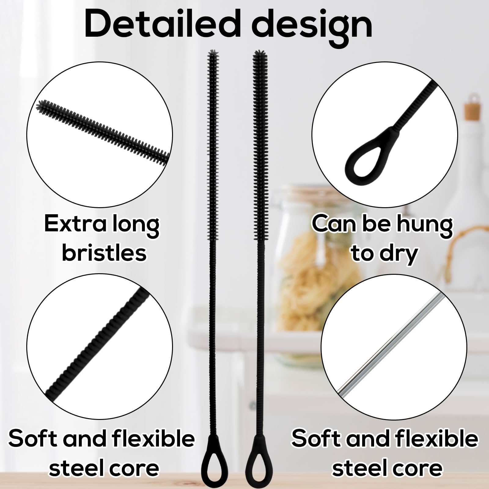 Spazzole Per Cannucce In Silicone - 2 Pezzi Da 6mm E 9mm, Extra Lunghe E Pieghevoli - Foto 2