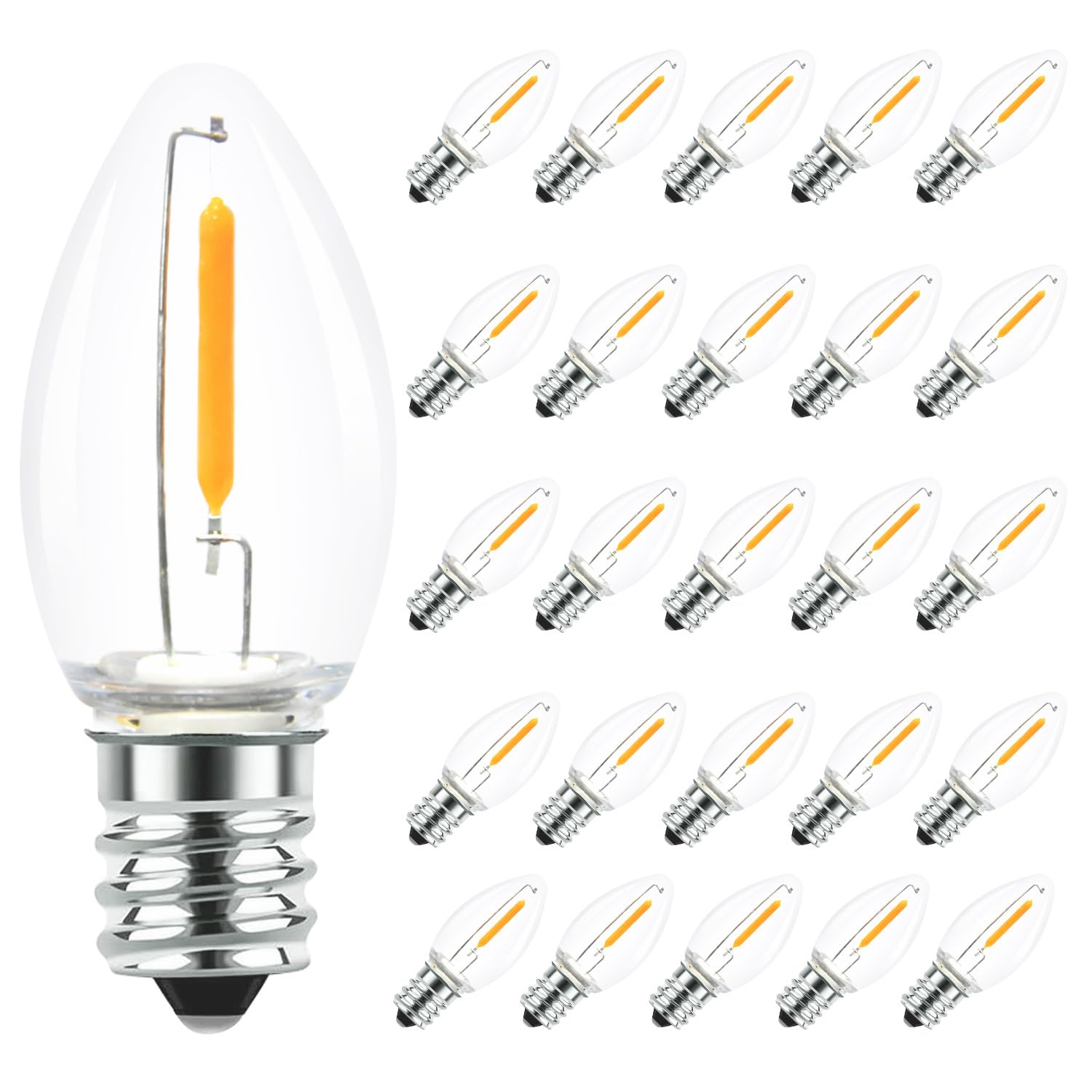 25 Pack LED C7 Light Bulbs - Clear Glass LED E12 LED Night Light Bulbs, 0.6W Equivalent to 7W, for Candles Chandeliers Replacement Bulbs & Christmas Tree Light Bulbs, E12 Base, Warm White