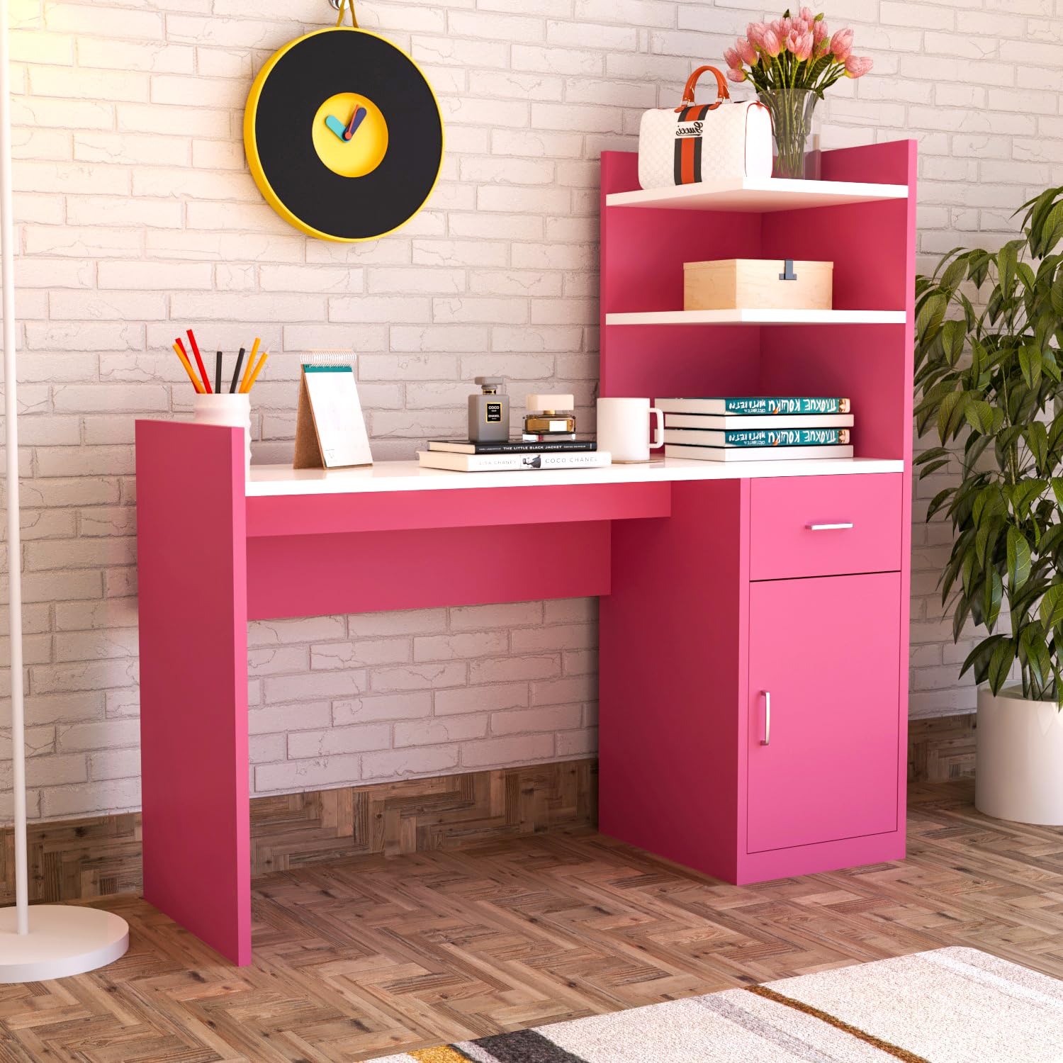Engineered Wood Office & Study Table for Study Room | Office | Library | Work from Home | Home Furniture || Engineered Wood Study Table || Freestanding || Finish Color - Pink & White ||