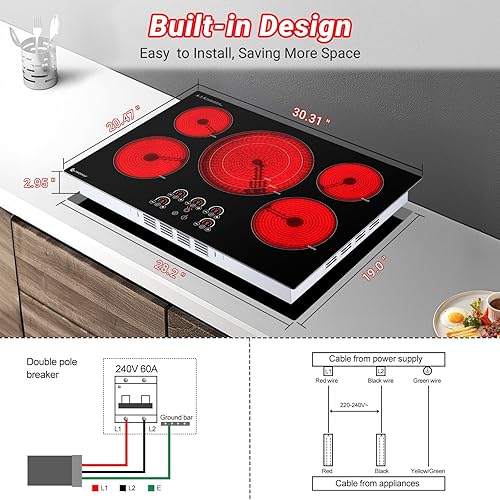 Miniatura 7 de AMZCHEF Estufa eléctrica de 30 pulgadas, 5 quemadores integrados, encimera de vidrio de cerámica de 9000 W con control táctil, 9 niveles de
