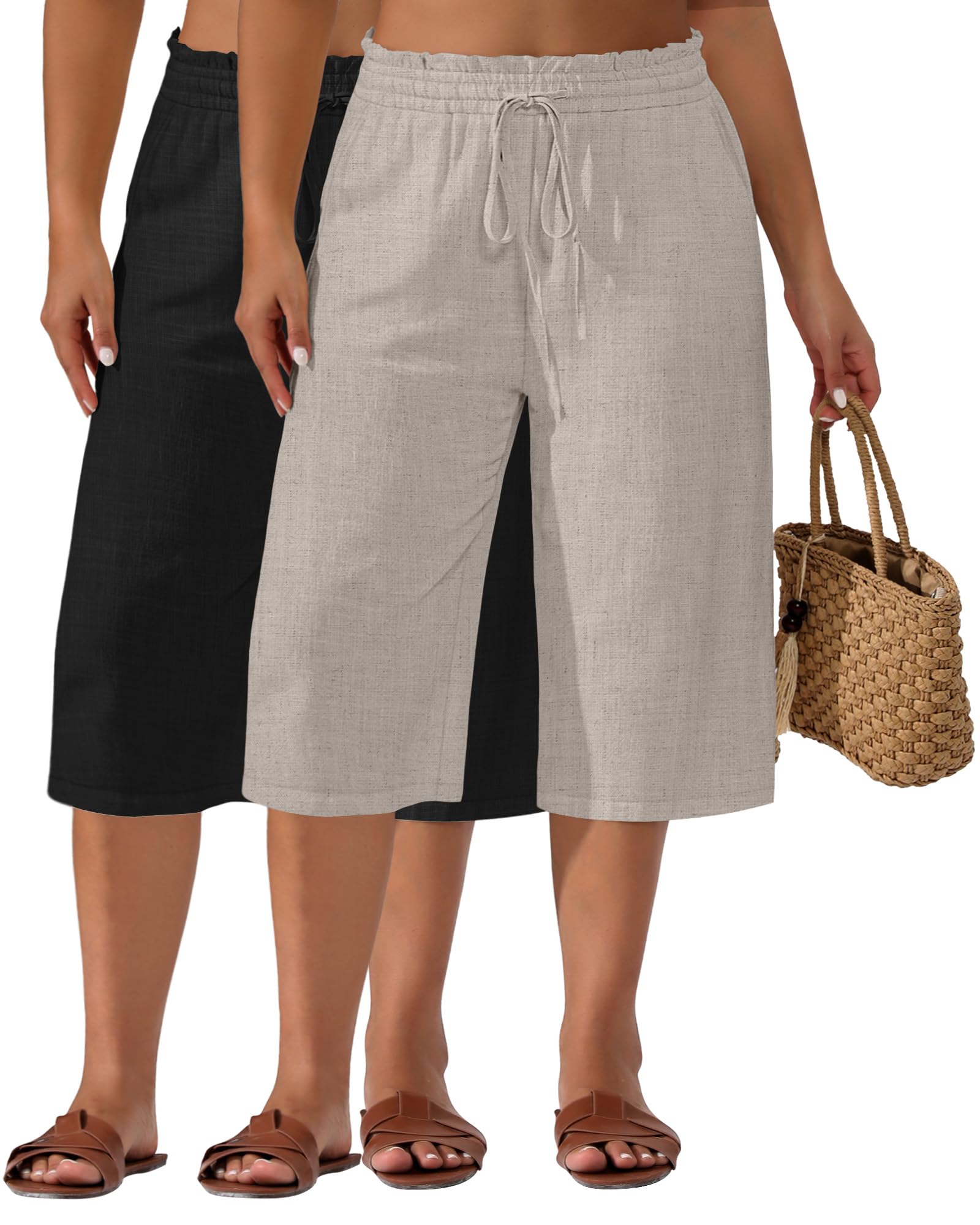 Neer 2 Pack Womens Plus Size Linen Capris Wide Leg High Waisted Drawstring Cropped Pants Beach Pants with