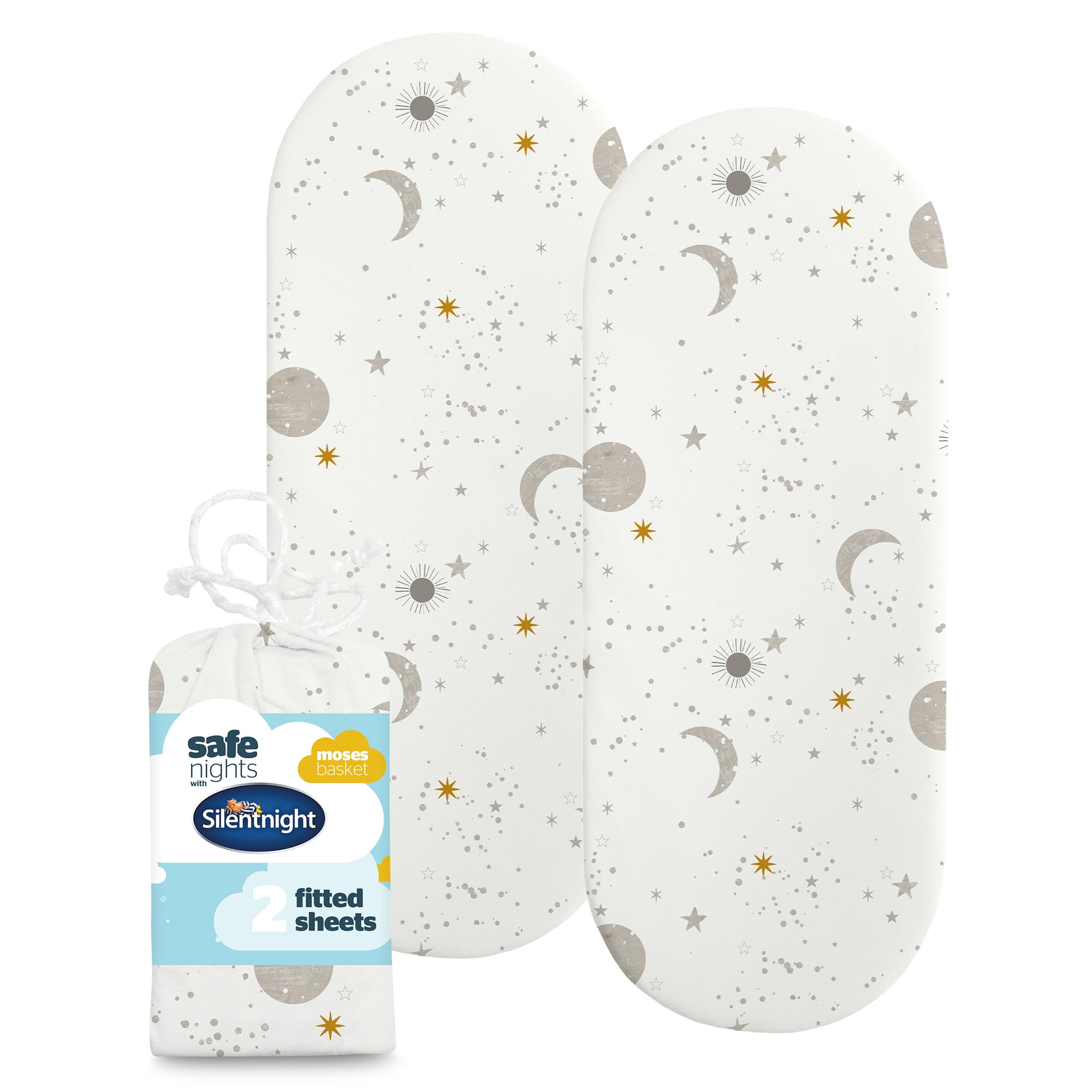 Silentnight Safe Nights Fitted Sheet - Moses Basket Mattress - Breathable 100% Cotton Jersey - Super Soft Kind to Baby Skin - 74x27cm - Secure Fit with Elasticated Corners - 2 Pack, Celestial