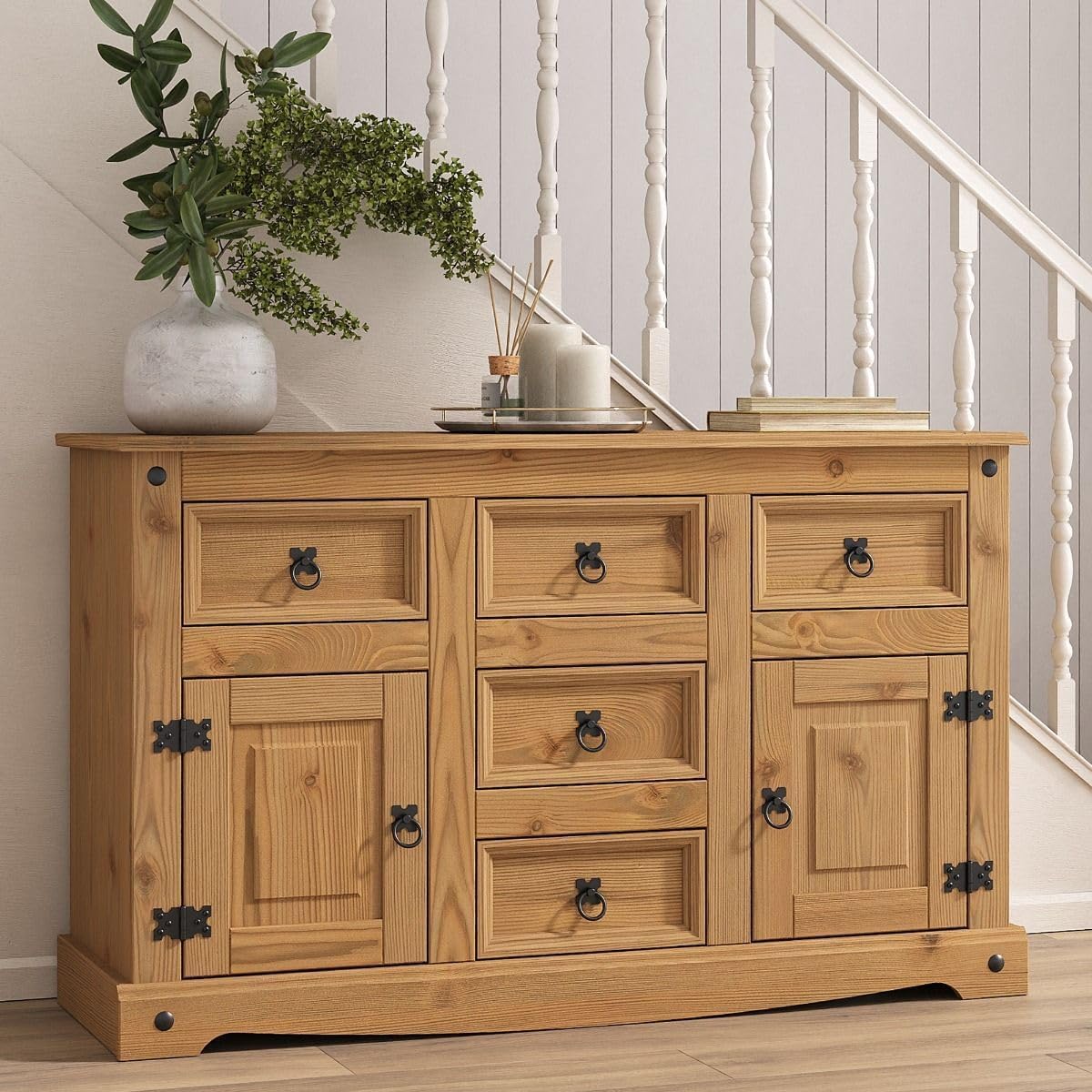 Corona Sideboard 5 Drawer 2 Door Large Cupboard Wide Mexican Solid Pine Wood with Wax Finish and Black Metal Hardware 76cm H x 125cm W x 40cm D
