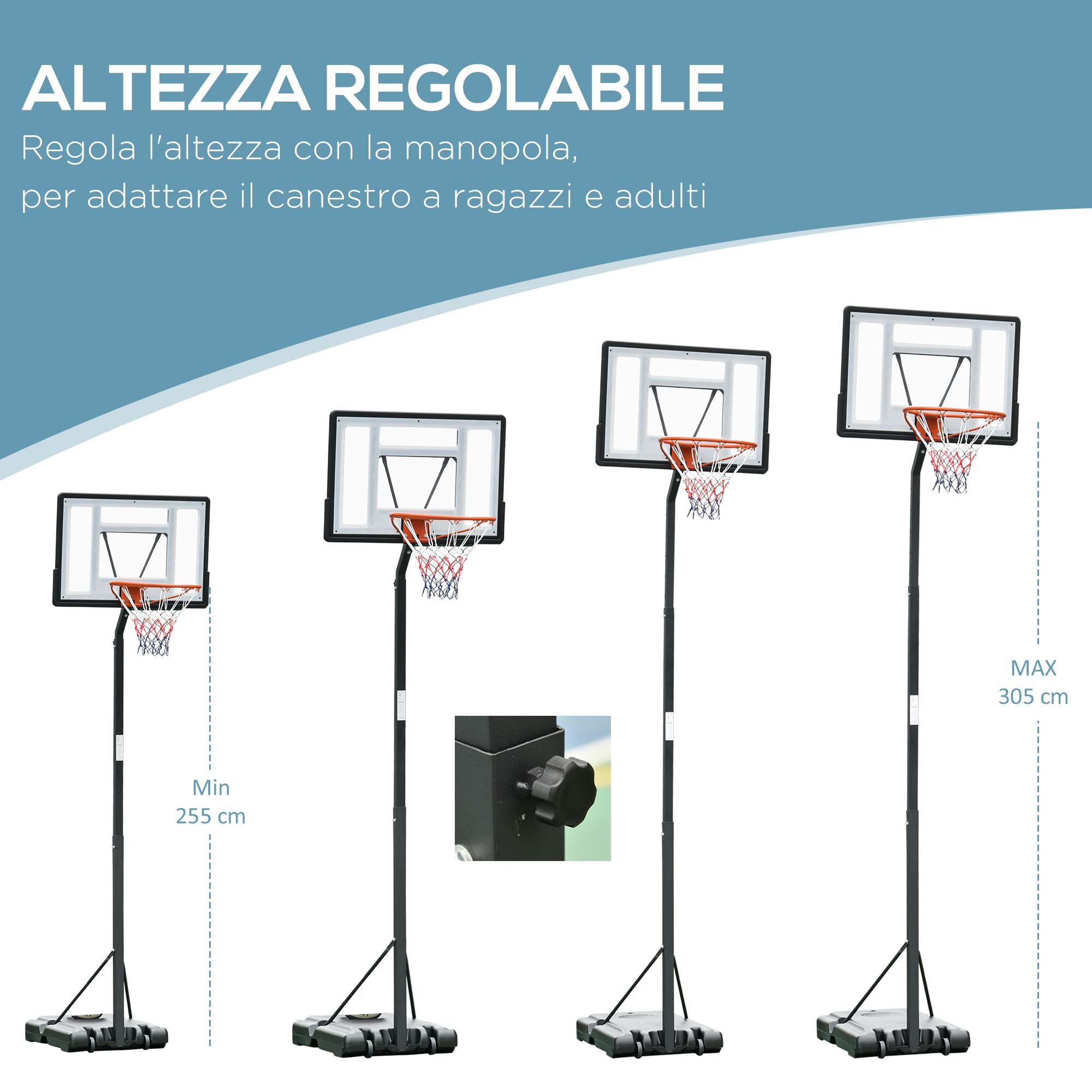 HOMCOM Canestro Basket per Adulti con Altezza Regolabile 302-352cm, Struttura in Acciaio, PE e PVC, Nero