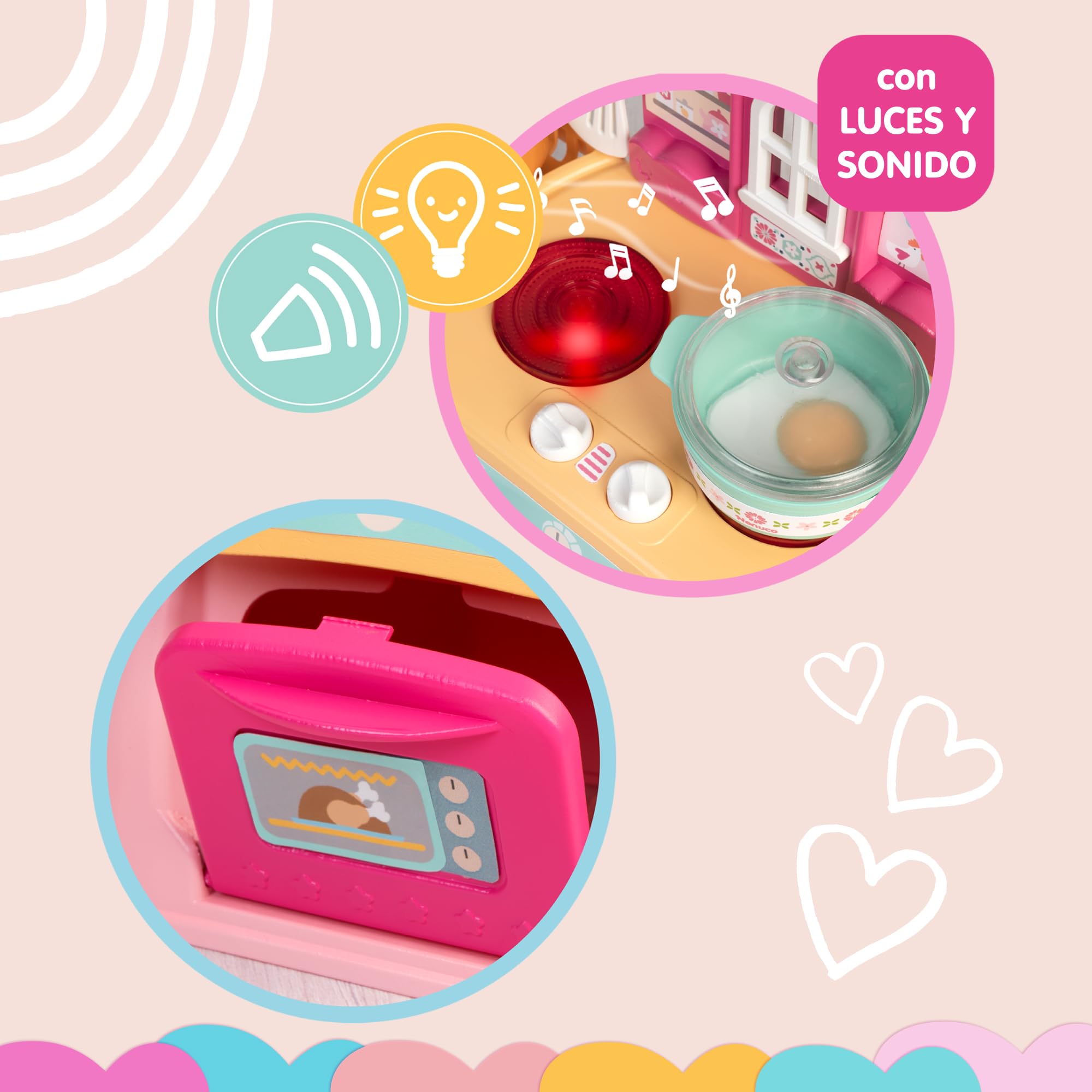 Nenuco - Cocinita Mágica, Muñeco de 30 cm con Cuerpo Duro, Incluye +10 Accesorios para Cocinar y Emplatar, Cocinita con Luces y Sonidos de Hervir y Freír, Delantal Personalizado, Famosa (NFNE3000)