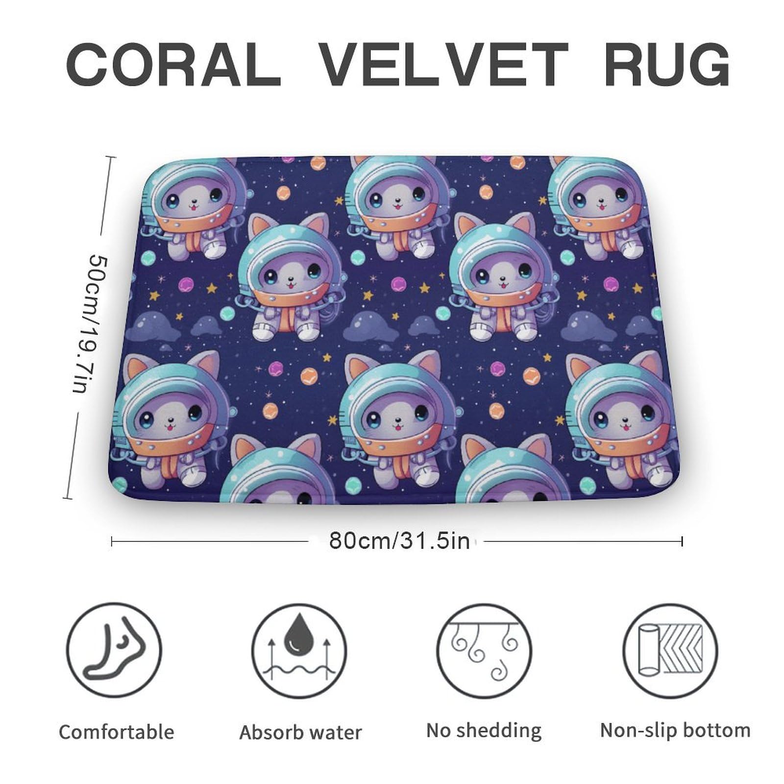 Animal Cat Universe Space Planet Coral Velvet Rugs Non-Slip Bathroom Rugs Soft Kitchen Rug Floor Carpet for Home Decor 19.7