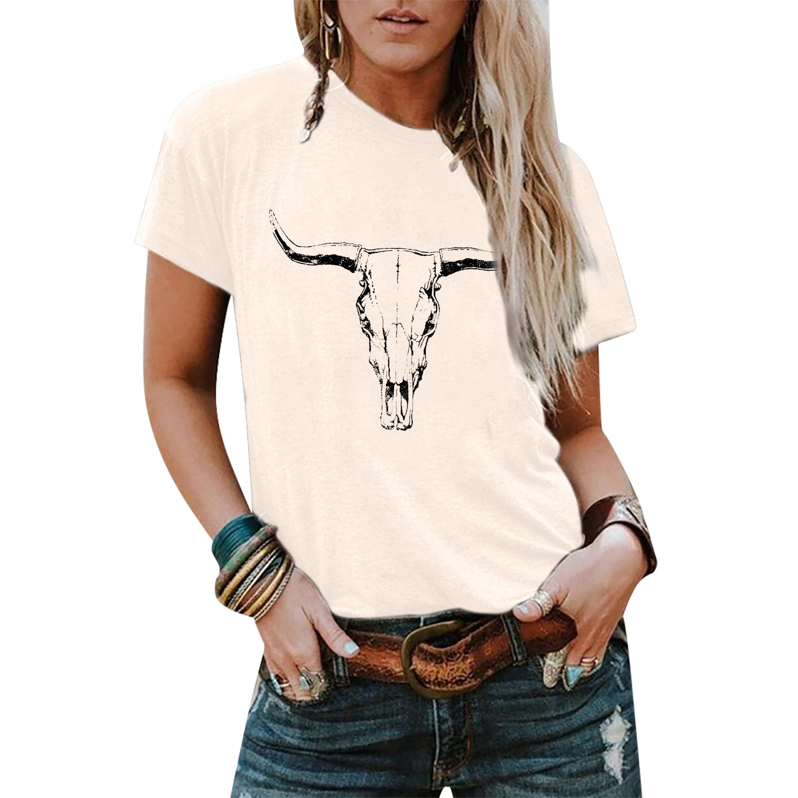 VILOVE Cowgirl Shirts for Women Boho Cow Skull Shirt Vintage Western Rodeo Graphic Tee Short Sleeve Bull Skull Top
