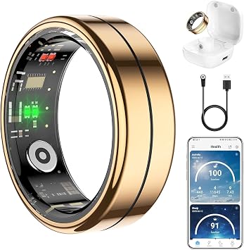 Fit Ring for Women Men, Health Tracker with Heart Rate, Blood Oxygen, Heart Rate Variability, Stress, Sleep Monitor, Step Counter, Smart Ring for iPhone & Android, No Subscription Fee Gold, 8#