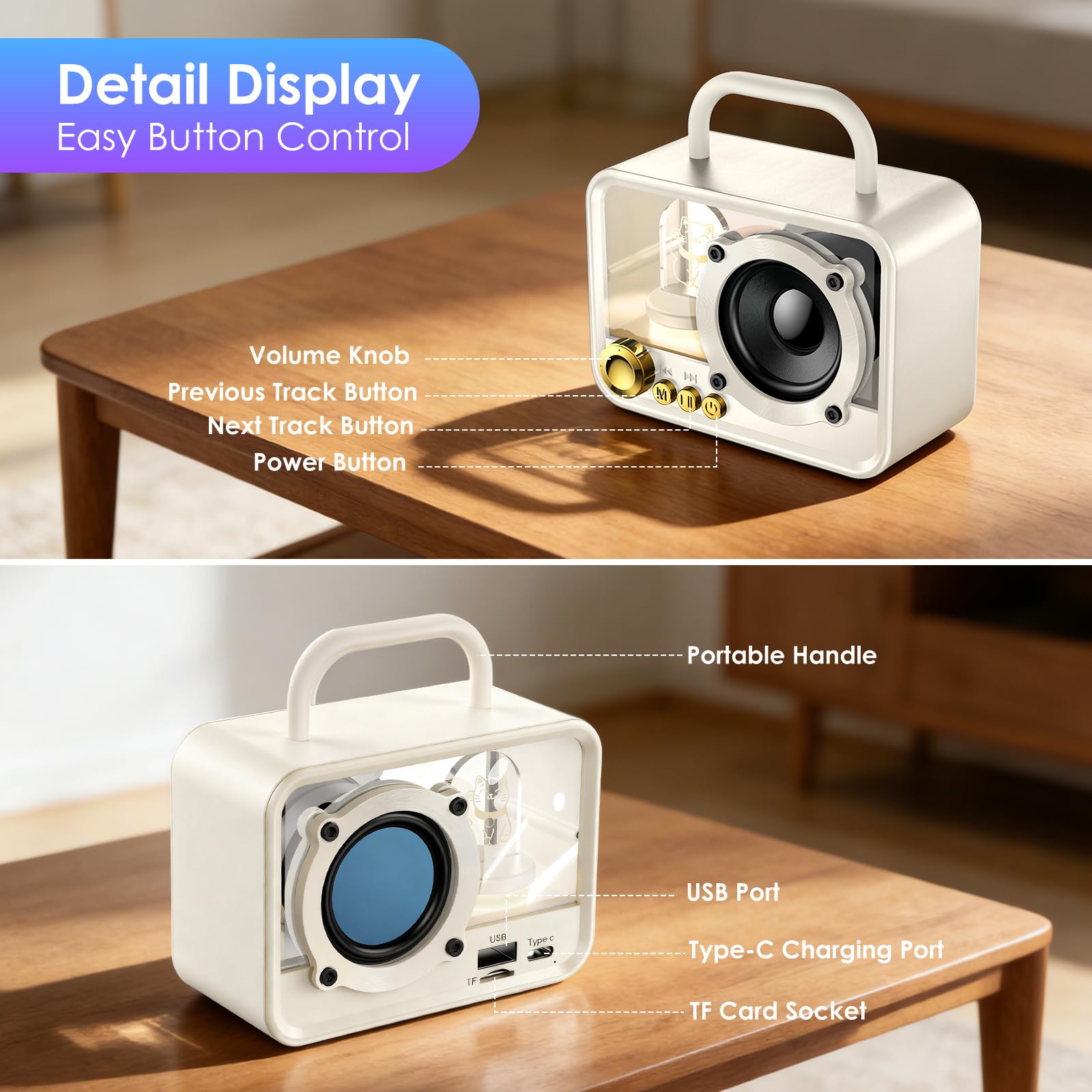 Tragbarer Bluetooth-Lautsprecher mit RGB-Lichtern, Stereo-Sound, druckvoller Bass, Mini-Bluetooth-Lautsprecher, niedlicher Mode-Stil für Küche, Schreibtisch, Schlafzimmer, Büro, Party