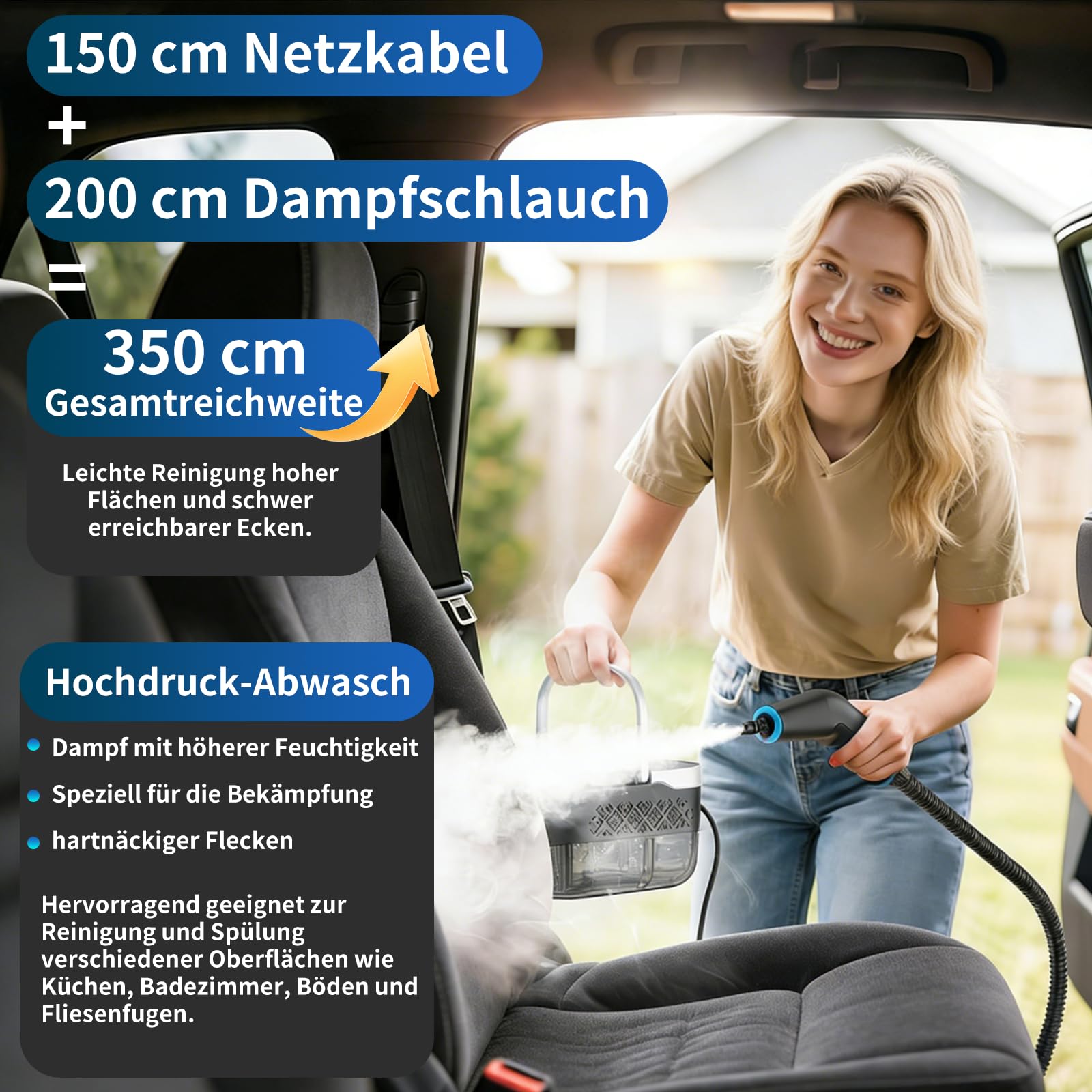 Dampfreiniger Handgerät, 2500W Handdampfreiniger, 8 Düsen, 6 Dampfstufen, 1250 ML Tank, 105℃ Hochtemperatur, 4 BAR Hochdruck, 15S Heizzeit, Tragbarer Dampfreiniger für Auto Küche Bad Polster BBQ
