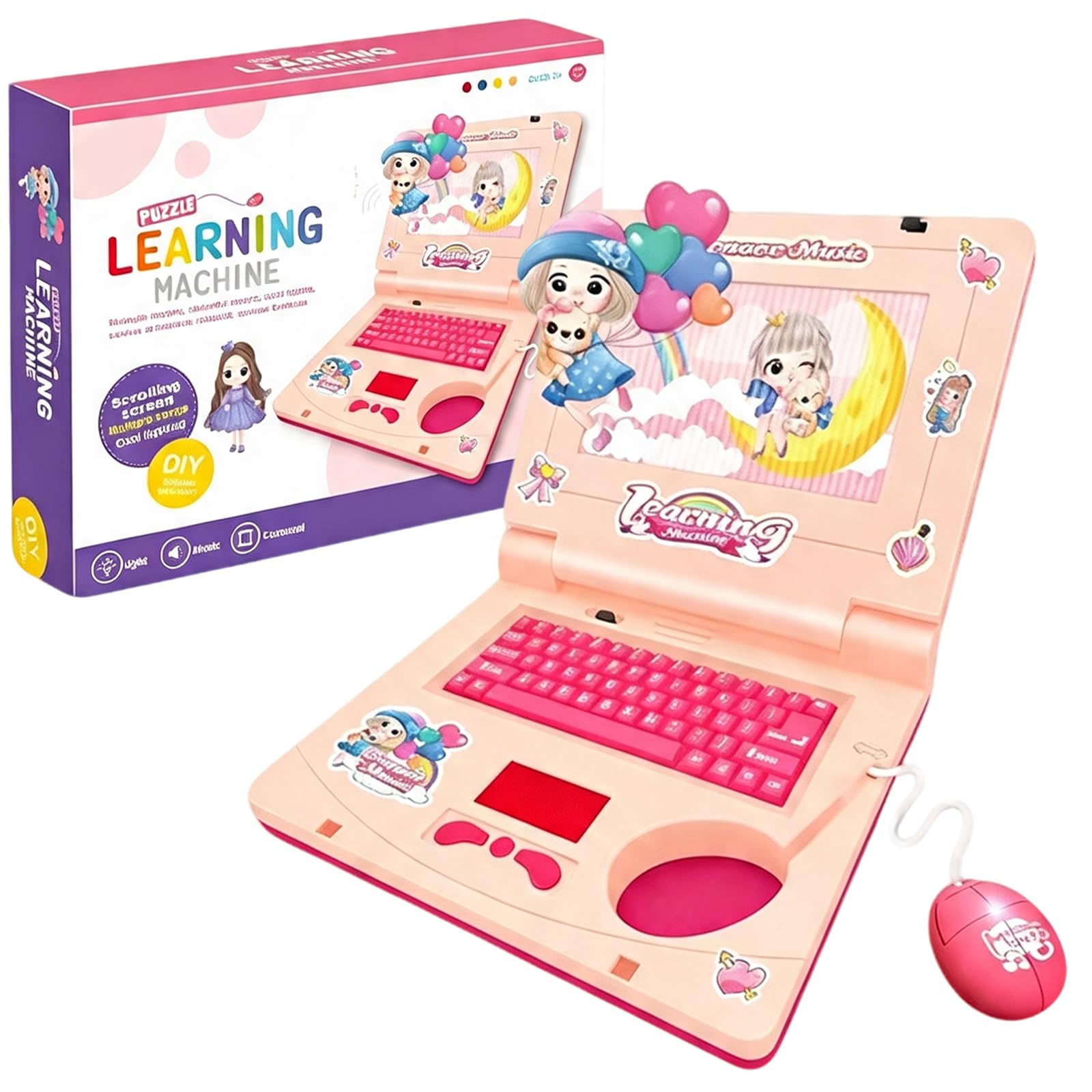 Interactive Toy Laptop, Featuring Lights, Sounds Educational Games, Fostering Creativity & Motor Skills Through Play, Simulated Laptop Learning Toy, Pretend Computer Toy with Keyboard Mouse, Pink