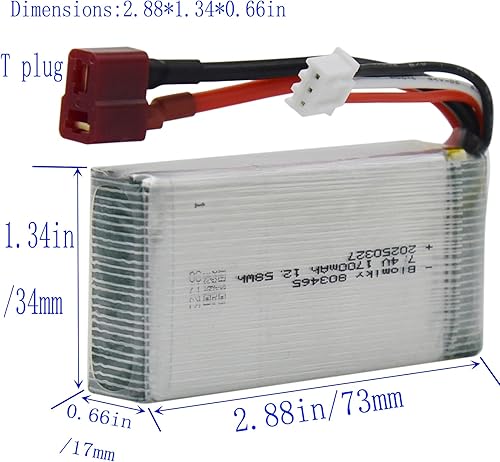 Miniatura 3 de Blomiky Paquete de 2 baterías Lipo de 7.4V 1700mAh 12.58Wh 30C con enchufe T y cables de cargador para escala 110 200E 9200 9200E 9205E 9206E RC