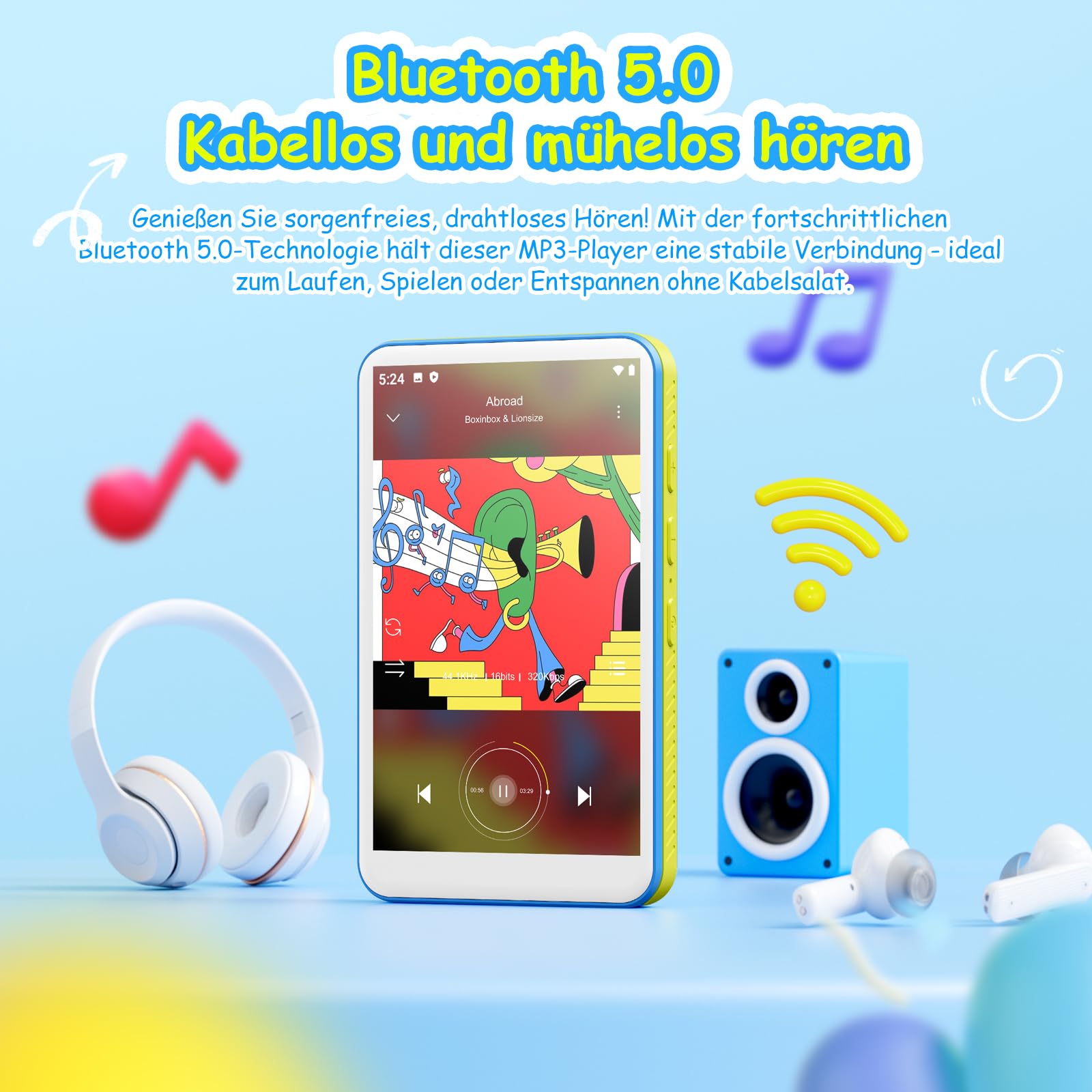 Lecteur MP3 128Go Bluetooth WiFi pour Enfant, Lecteur MP4 Android 13 écran Tactile 4 Pouces Batterie 2000mAh, Compatible Spotify, Pandora, Deezer, Audible, Play Store