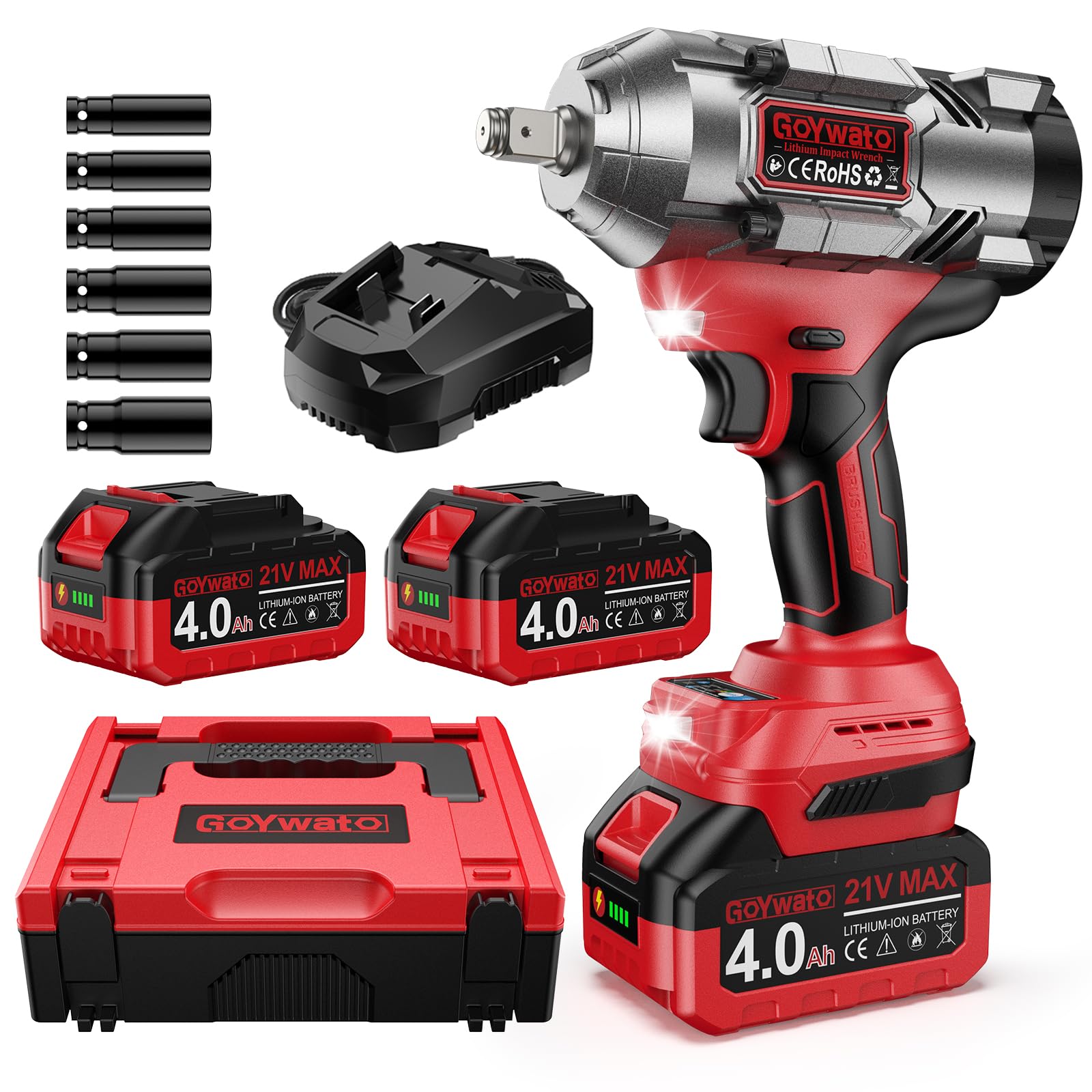 Avvitatore a Impulsi 1490 Nm con 2 Batterie 4.0Ah e 6 Bussole, Rosso | 1/2'' Avvitatore ad Impulsi Brushless con Caricabatterie & LED Integrata, Ideale per Auto, DIY e Uso